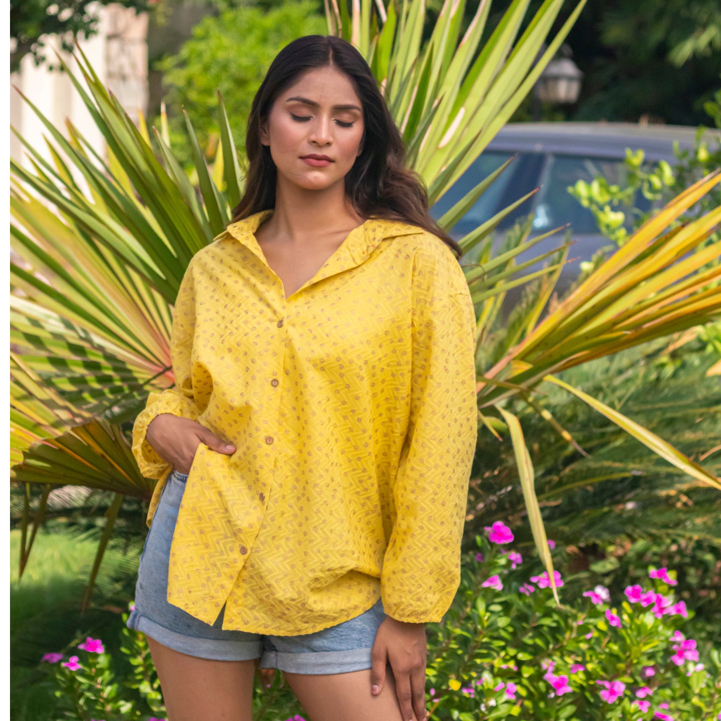 Women Block printed oversized Piyu shirt Yellow