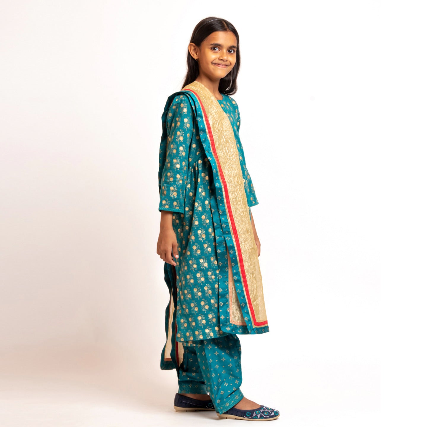 Girl's Block printed kurta Set Blue