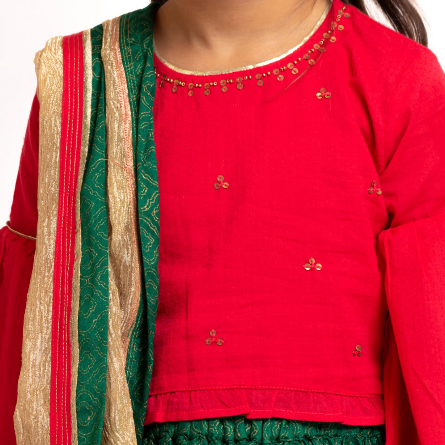 Girl's Embroidered Lehenga Choli Red- Green