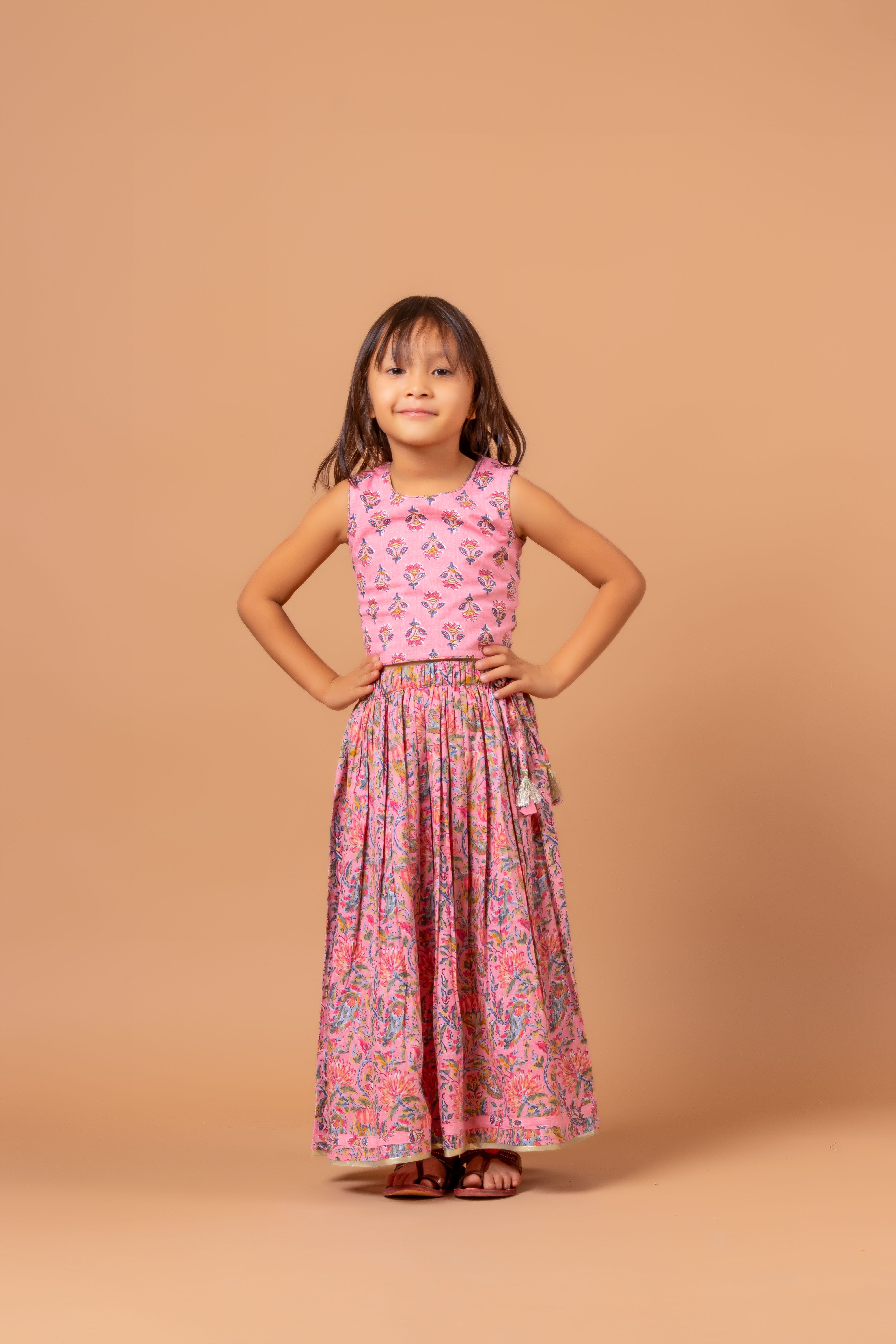 Girls Lehenga Choli Set Madhu Buti Pink Jaal