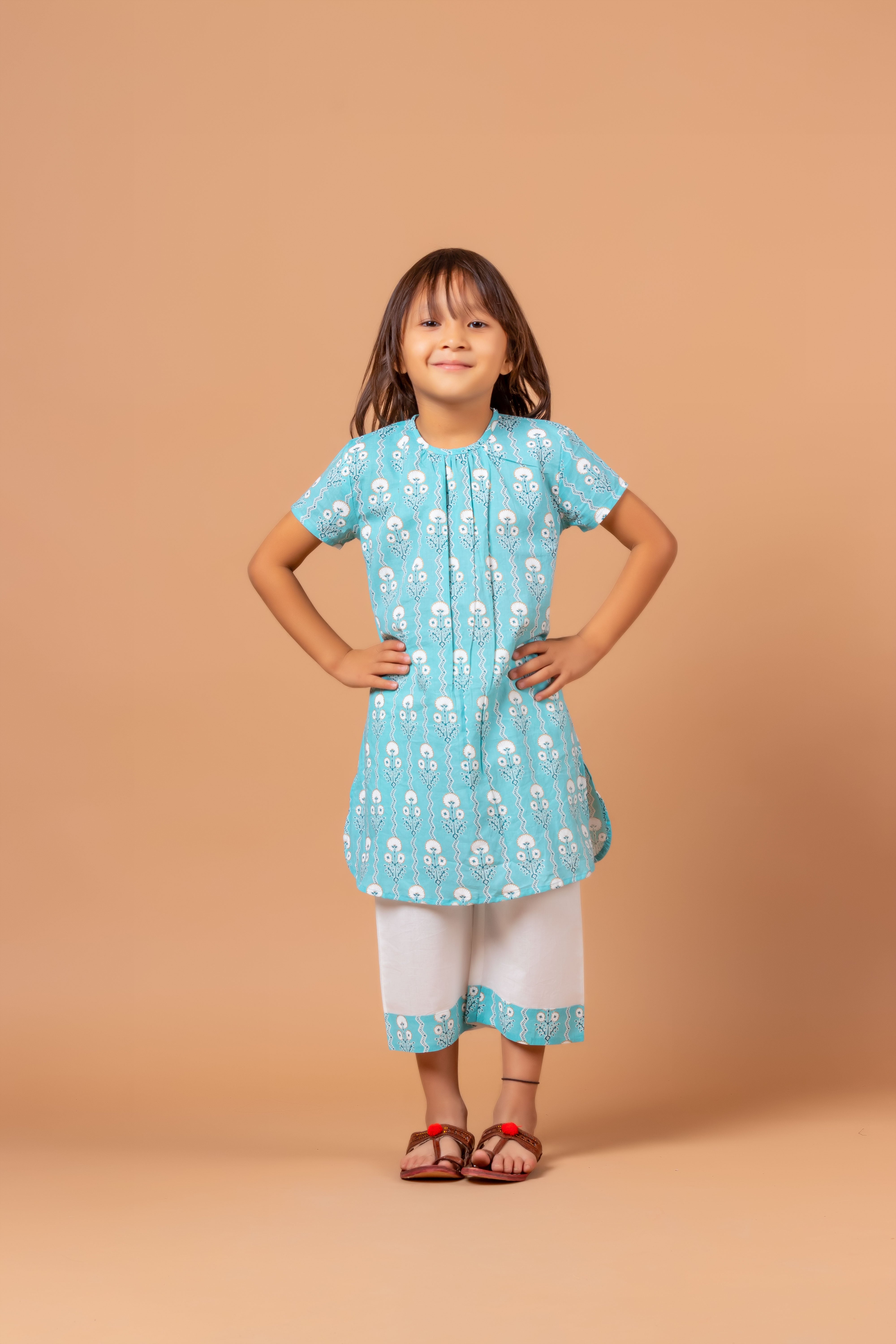 Girls Printed Kurta Set Monika Blue