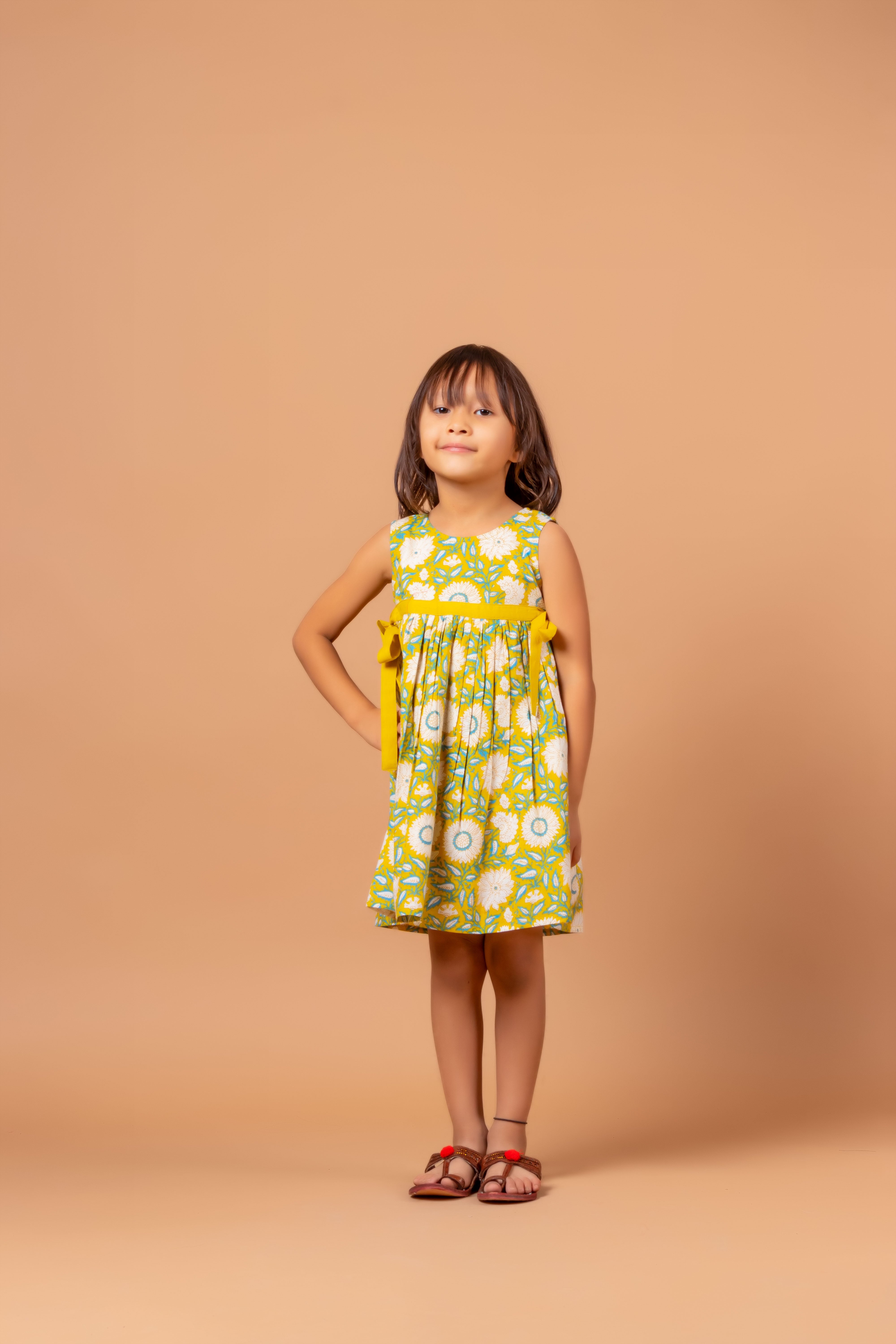 Girls Printed Floral Dress Lime Green- 20400