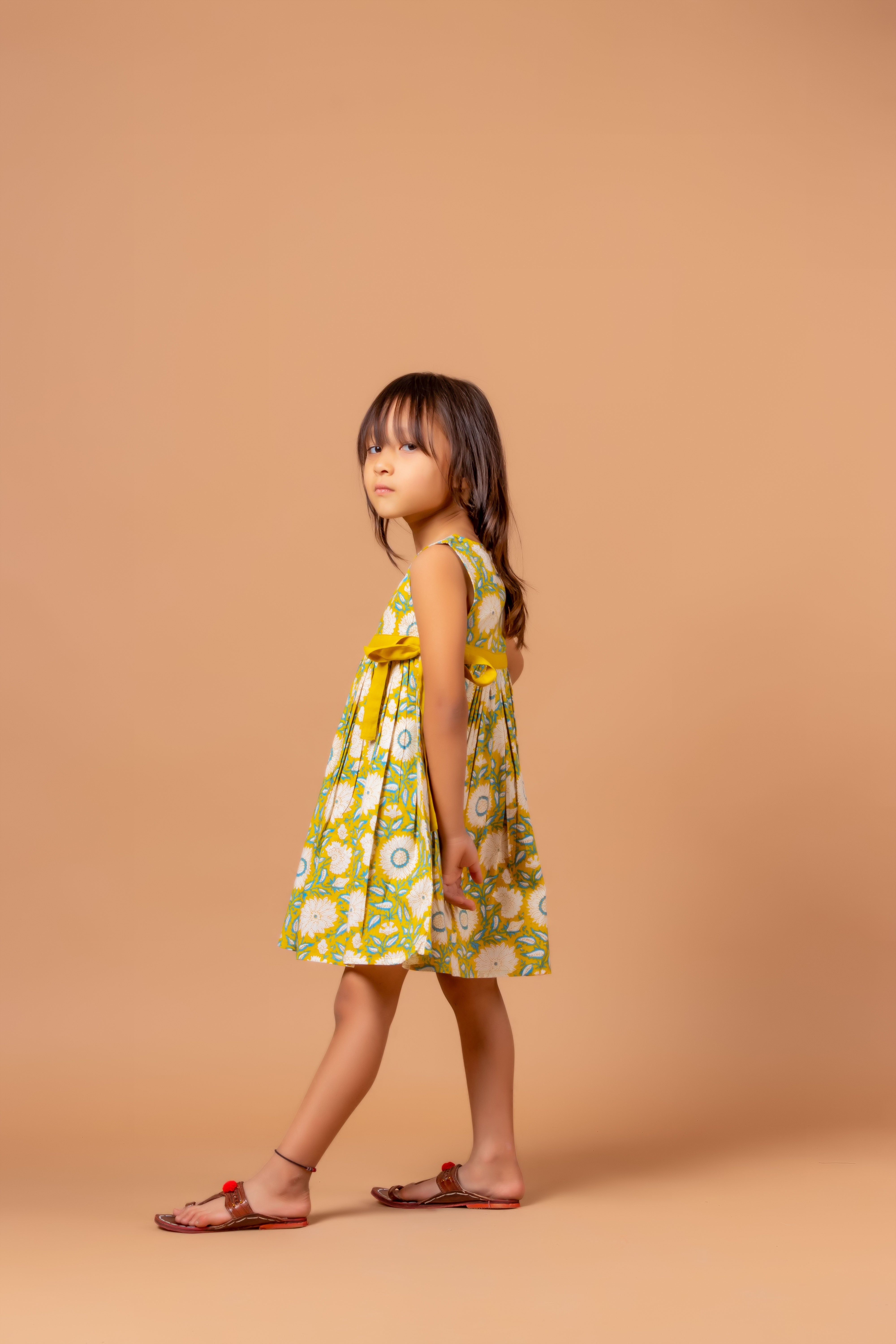 Girls Printed Floral Dress Lime Green- 20400