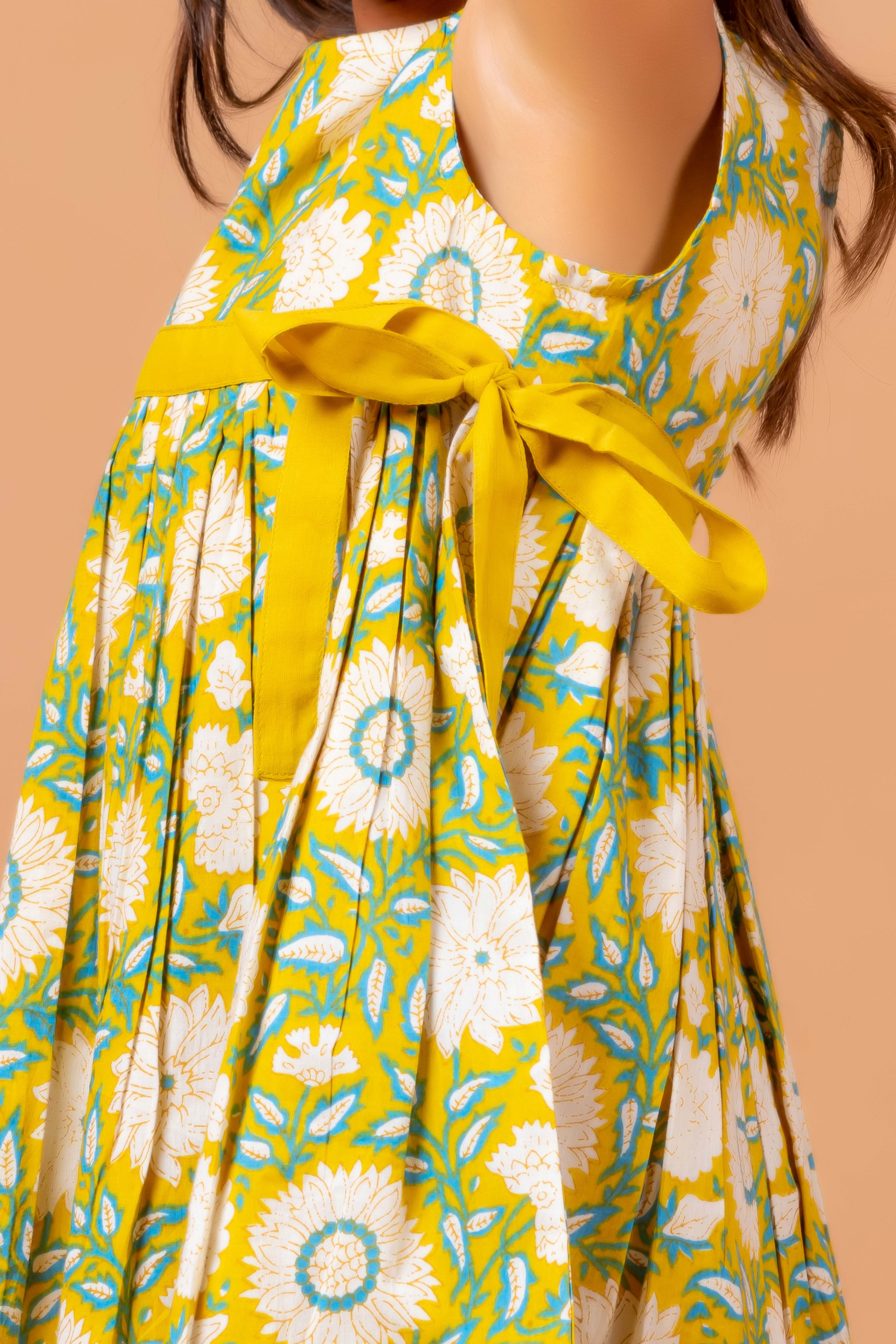 Girls Printed Floral Dress Lime Green- 20400