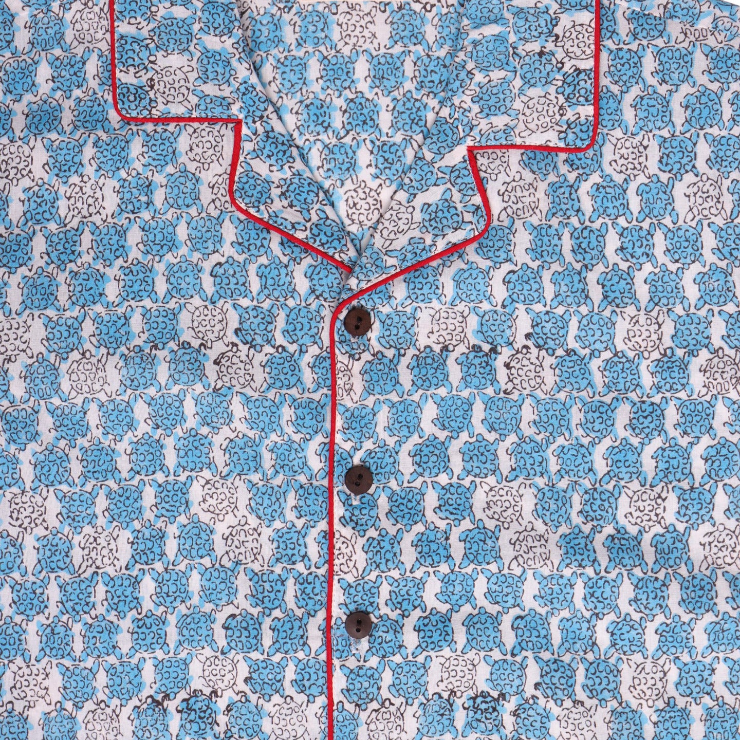 Block Printed Unisex Night Suit Set Tortoise Blue