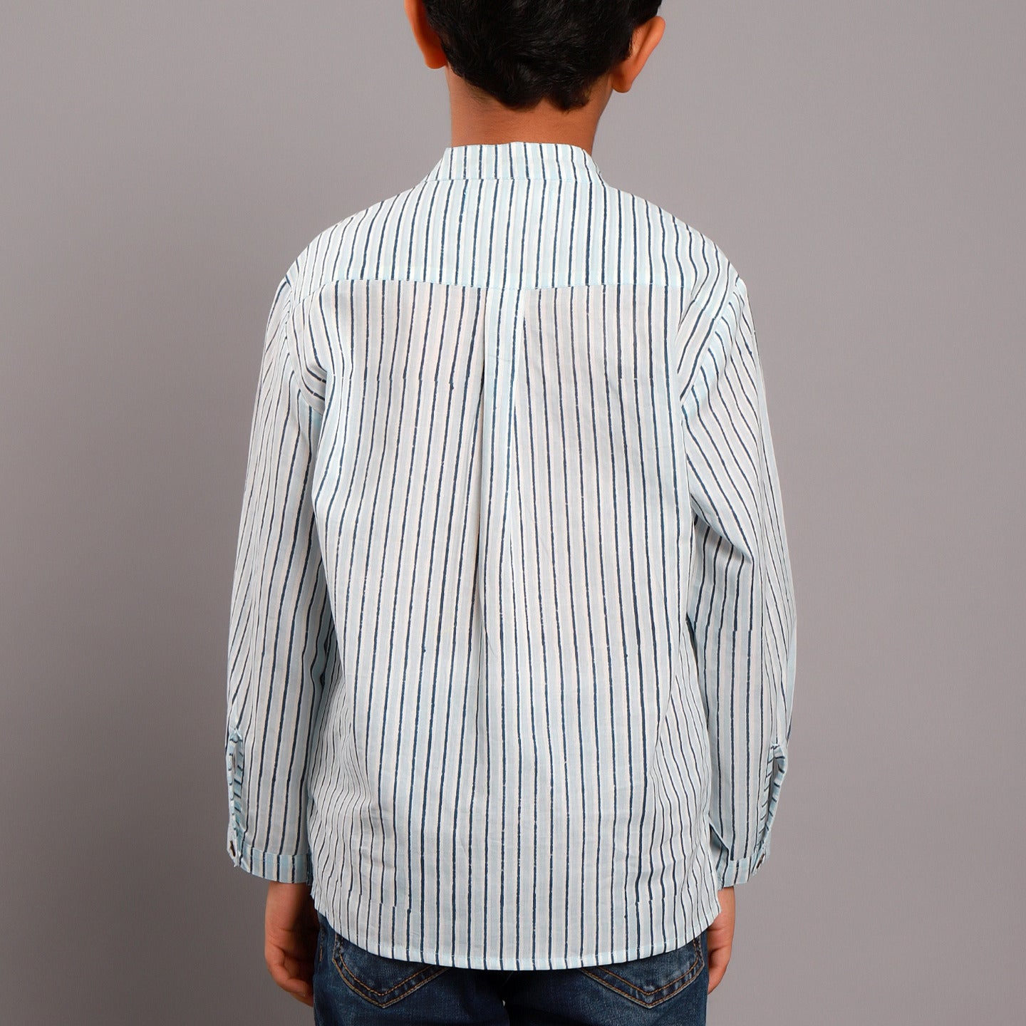 Block printed Boy's Striped Kurta Shirt Blue