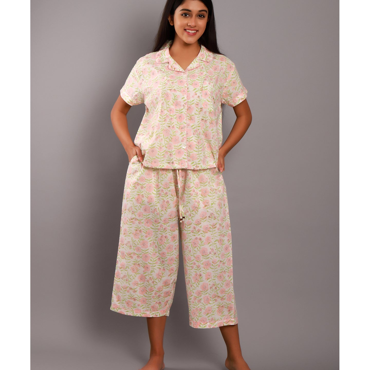 Floral Night Suit Capris Set Pink