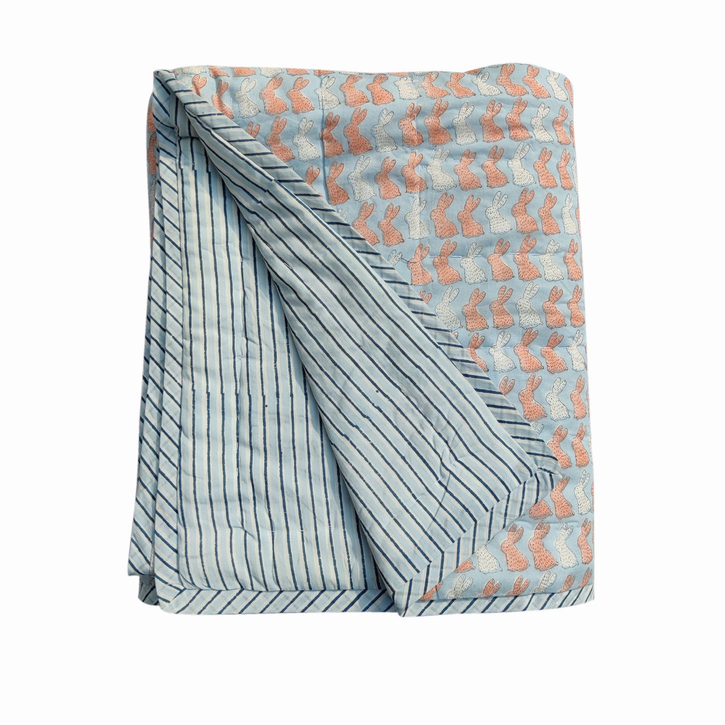 Block Printed Bunny Quilt Blue