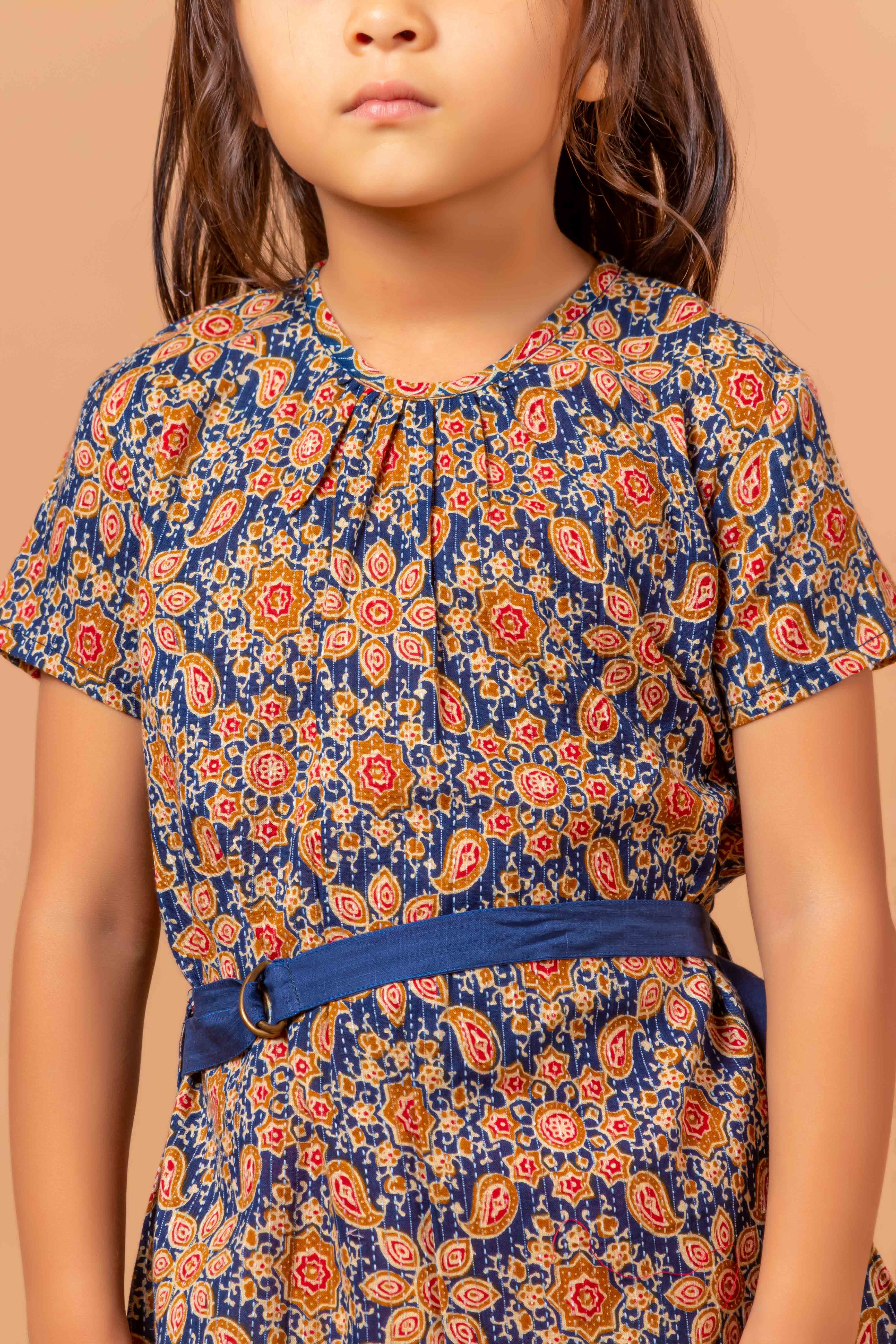 Girls Printed Dress Monika Ajrakh Blue