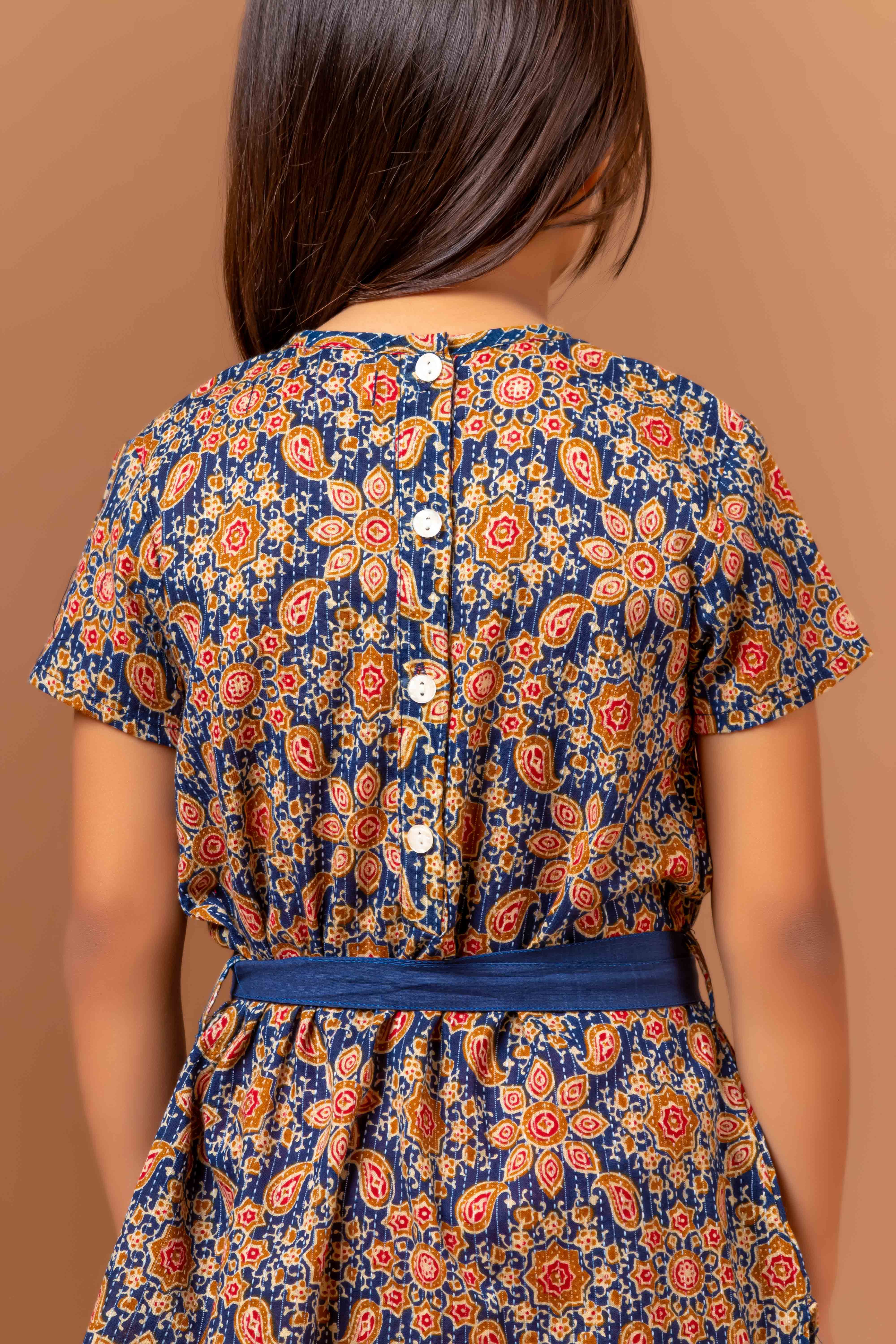 Girls Printed Dress Monika Ajrakh Blue