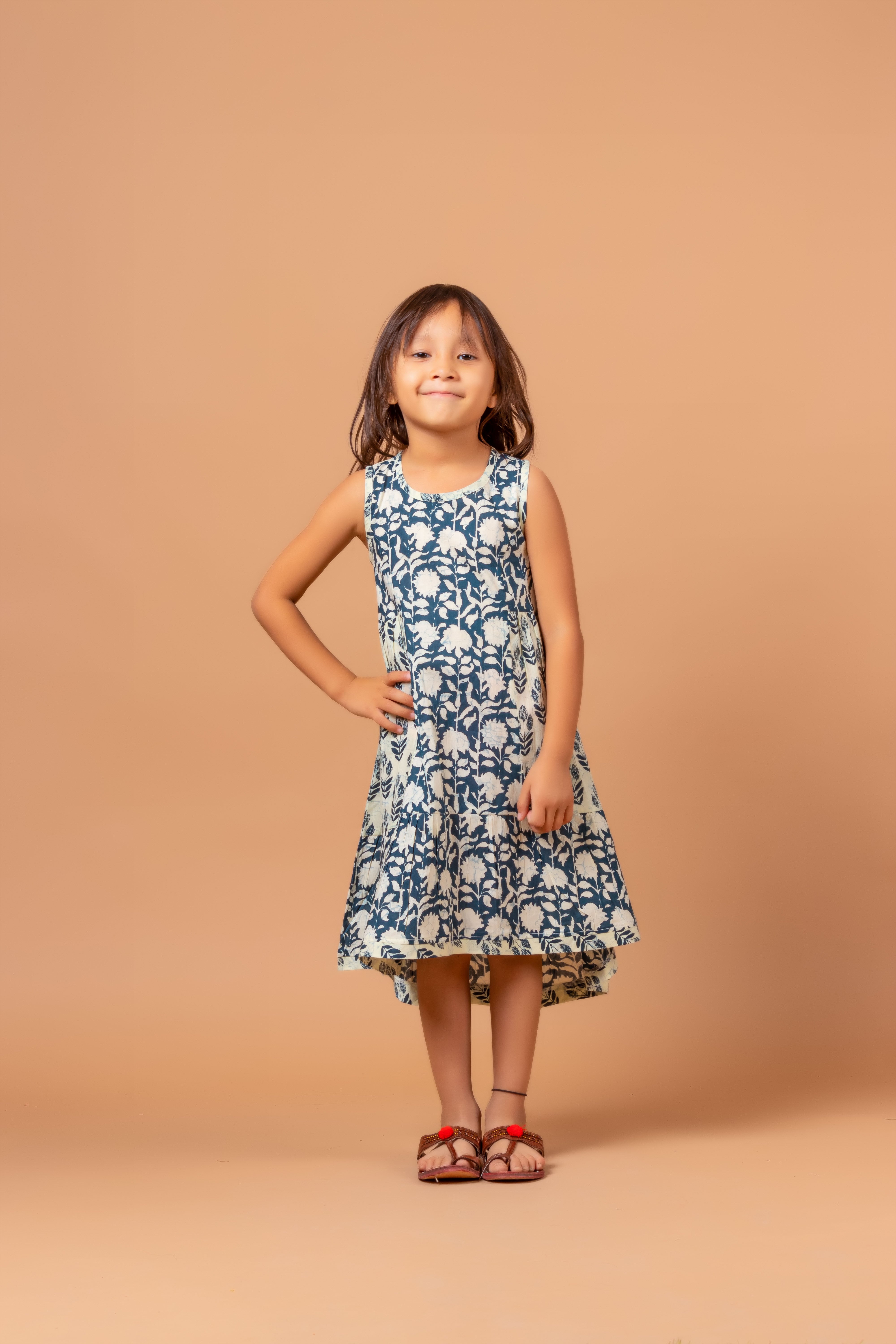Girls Printed Dress- Luna Dress Block Indigo