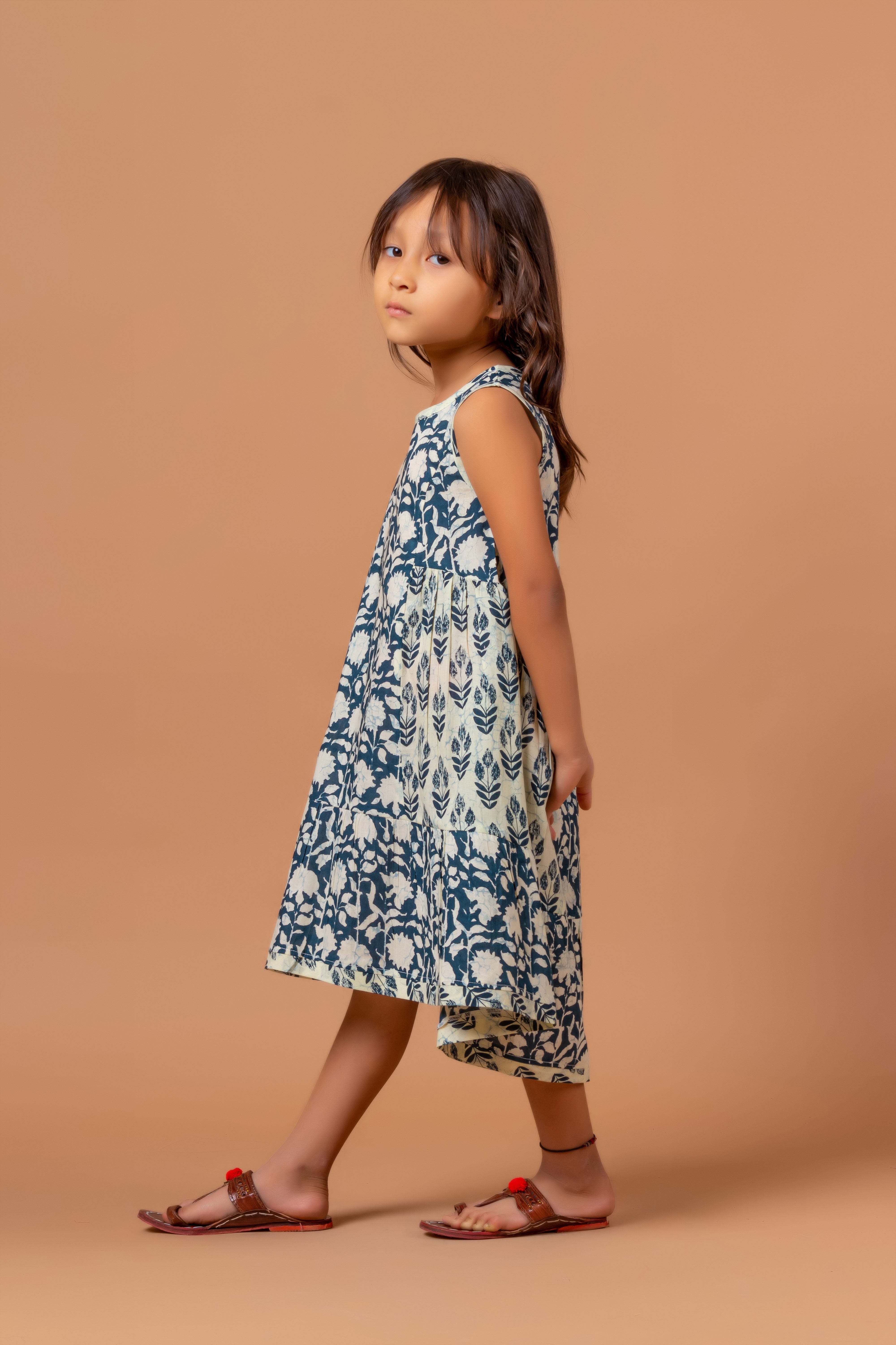 Girls Printed Dress- Luna Dress Block Indigo