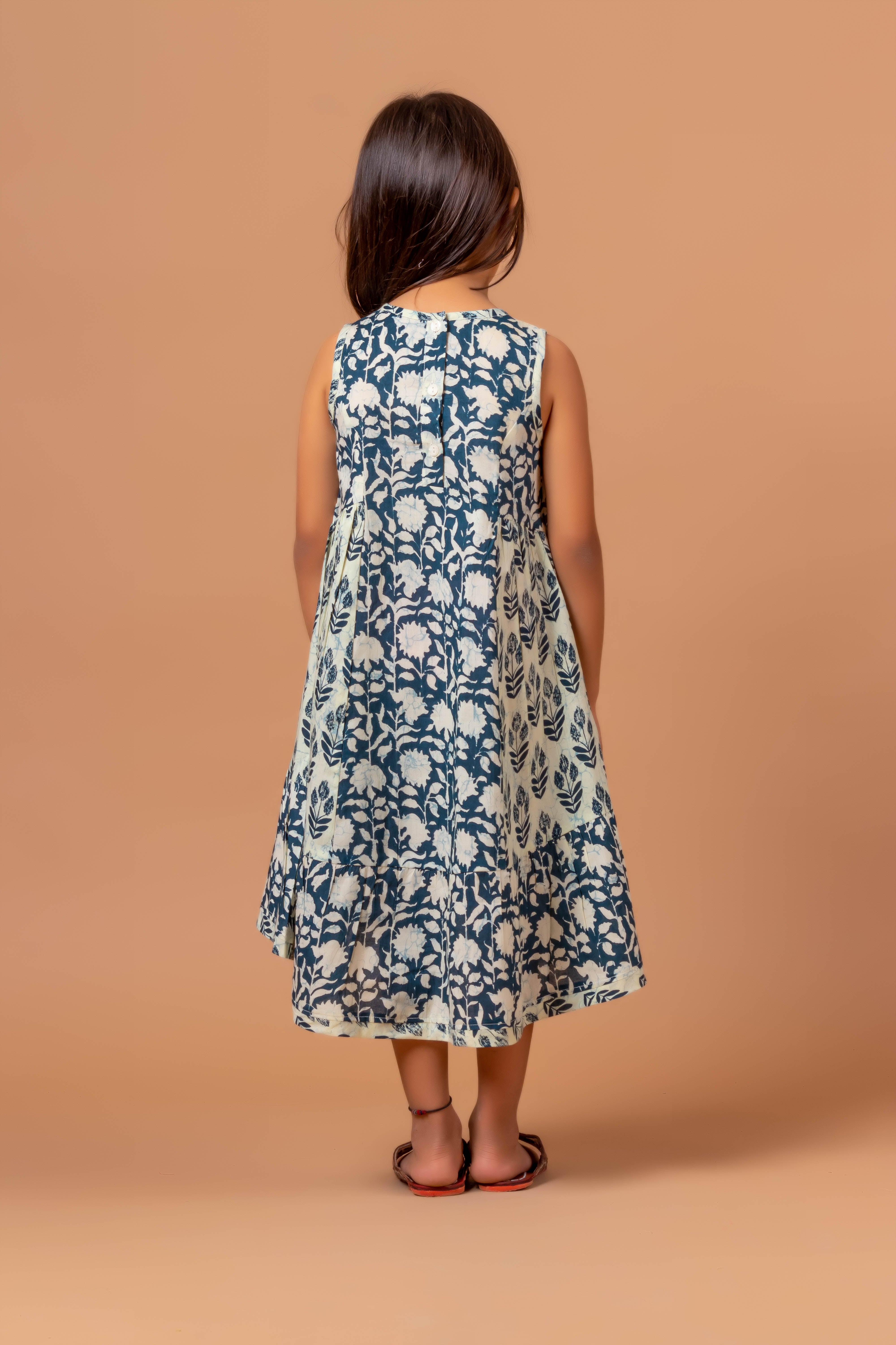 Girls Printed Dress- Luna Dress Block Indigo