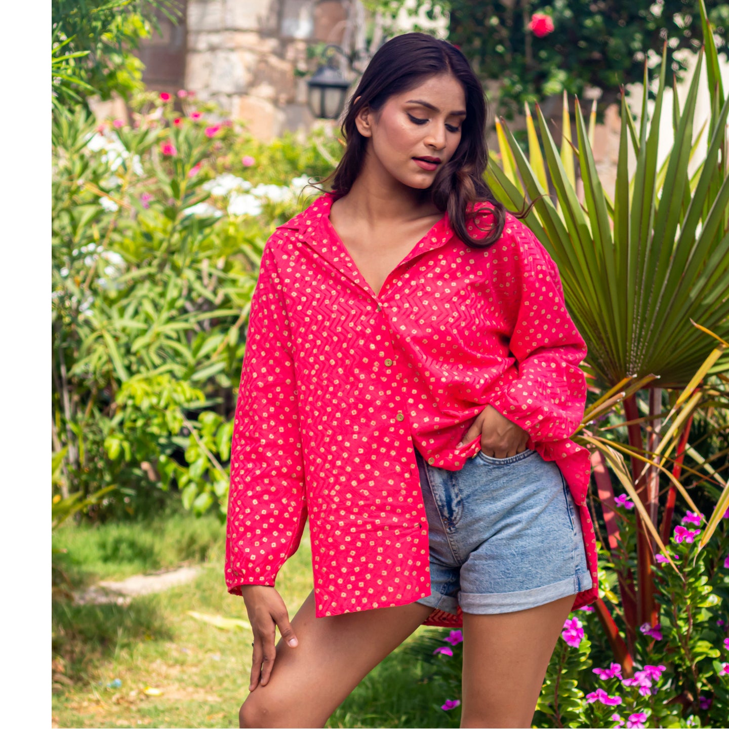 Women Oversized Block printed shirt Coral