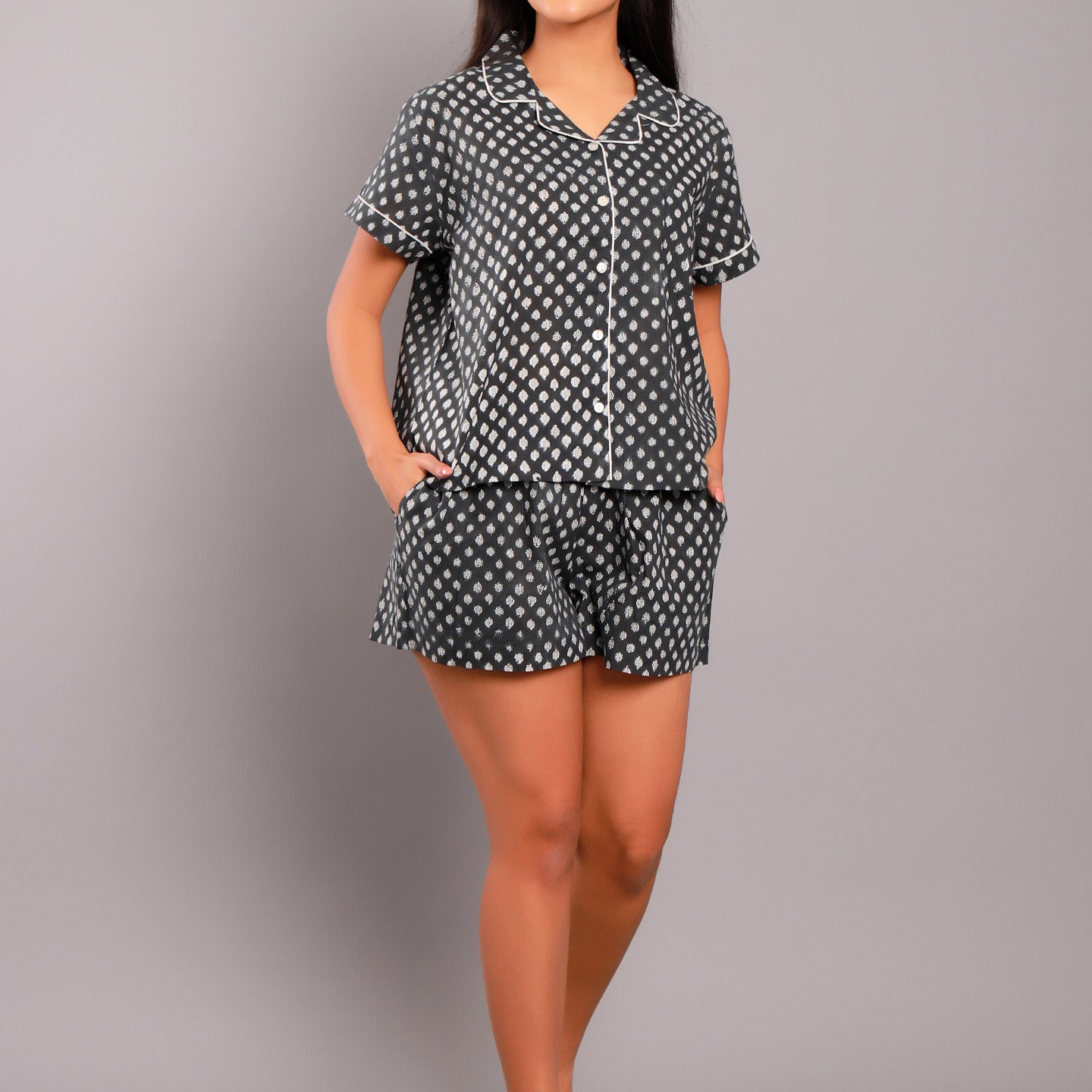 Nora Night Suit Shorts Set- Black