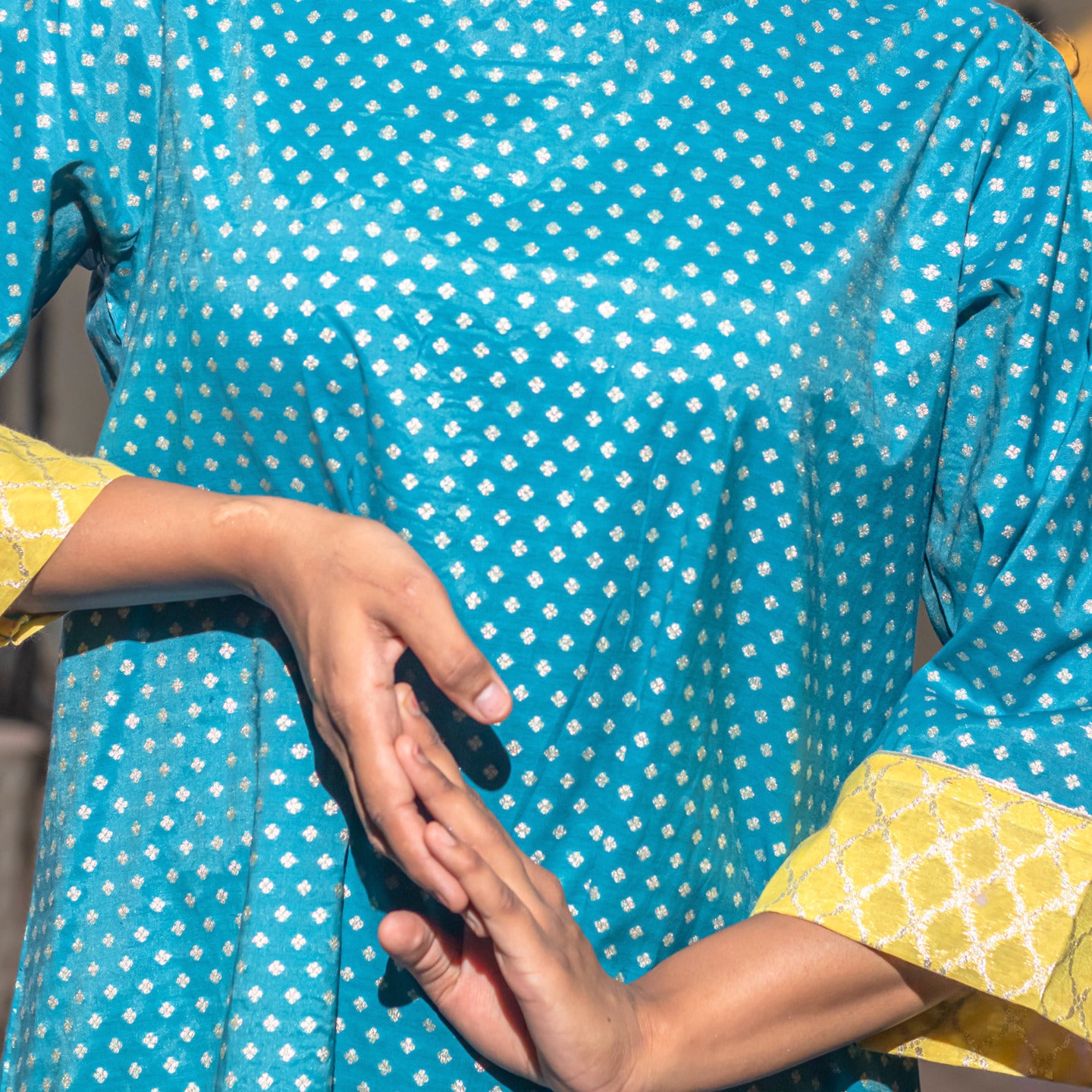 Women Jaquard Chanderi Kurta pants set Blue- Yellow