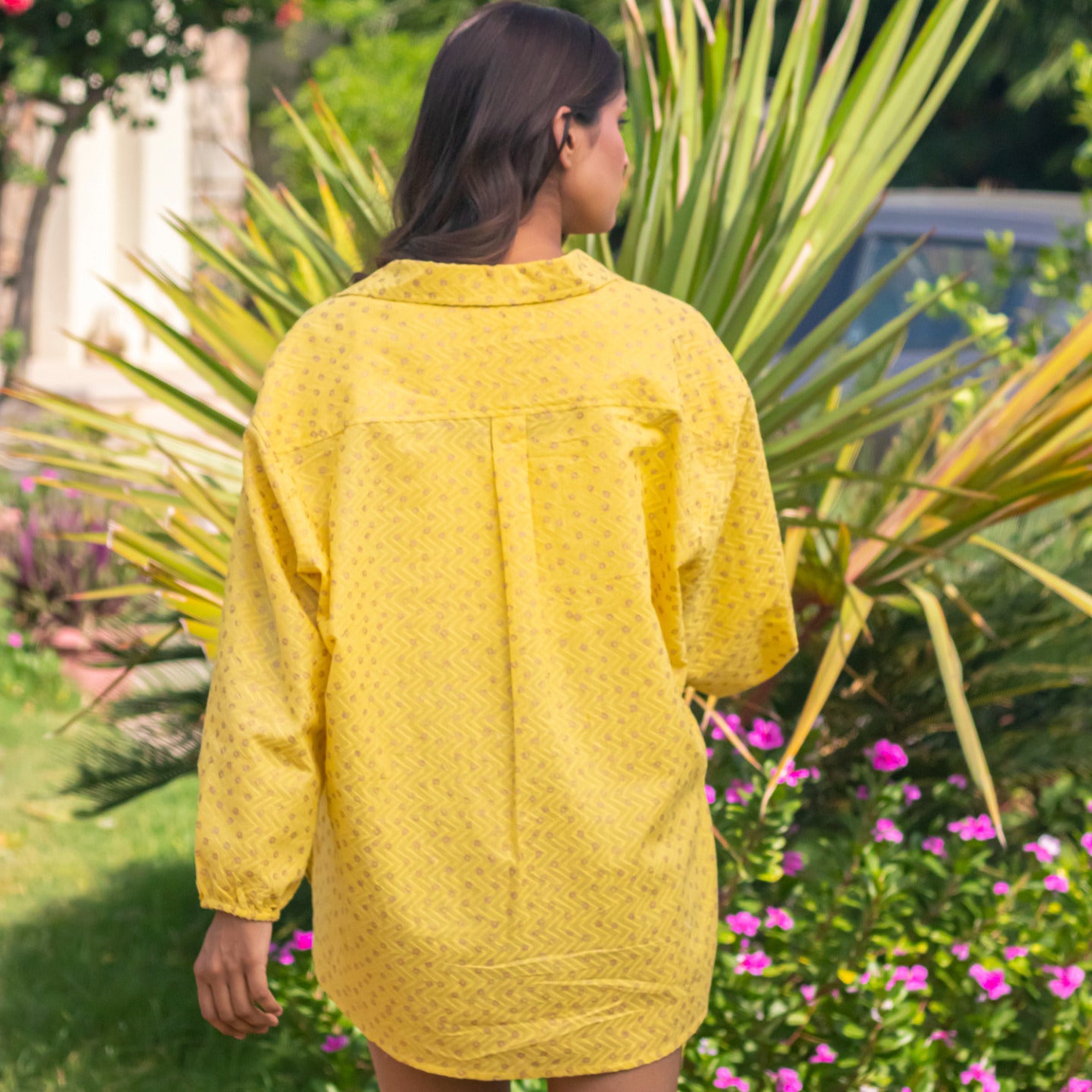 Women Block printed oversized shirt Yellow