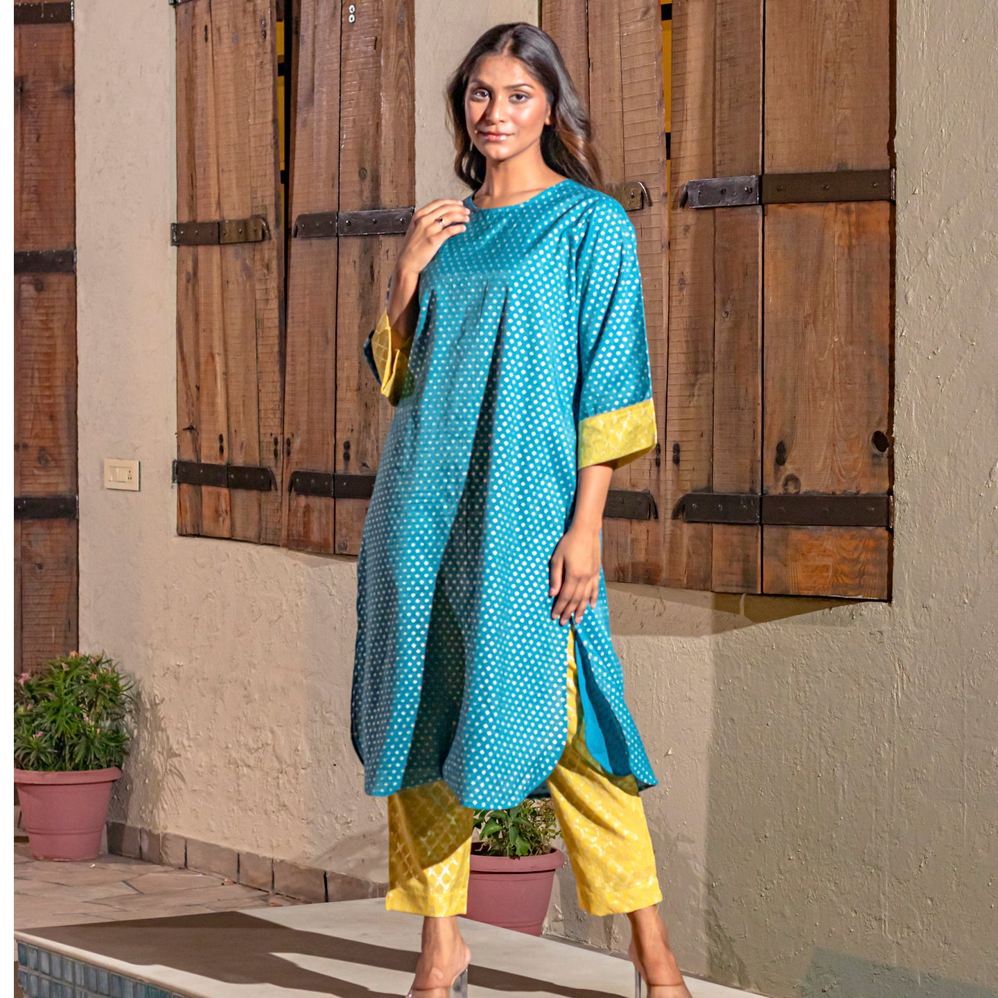 Women Jaquard Chanderi Kurta pants set Blue- Yellow