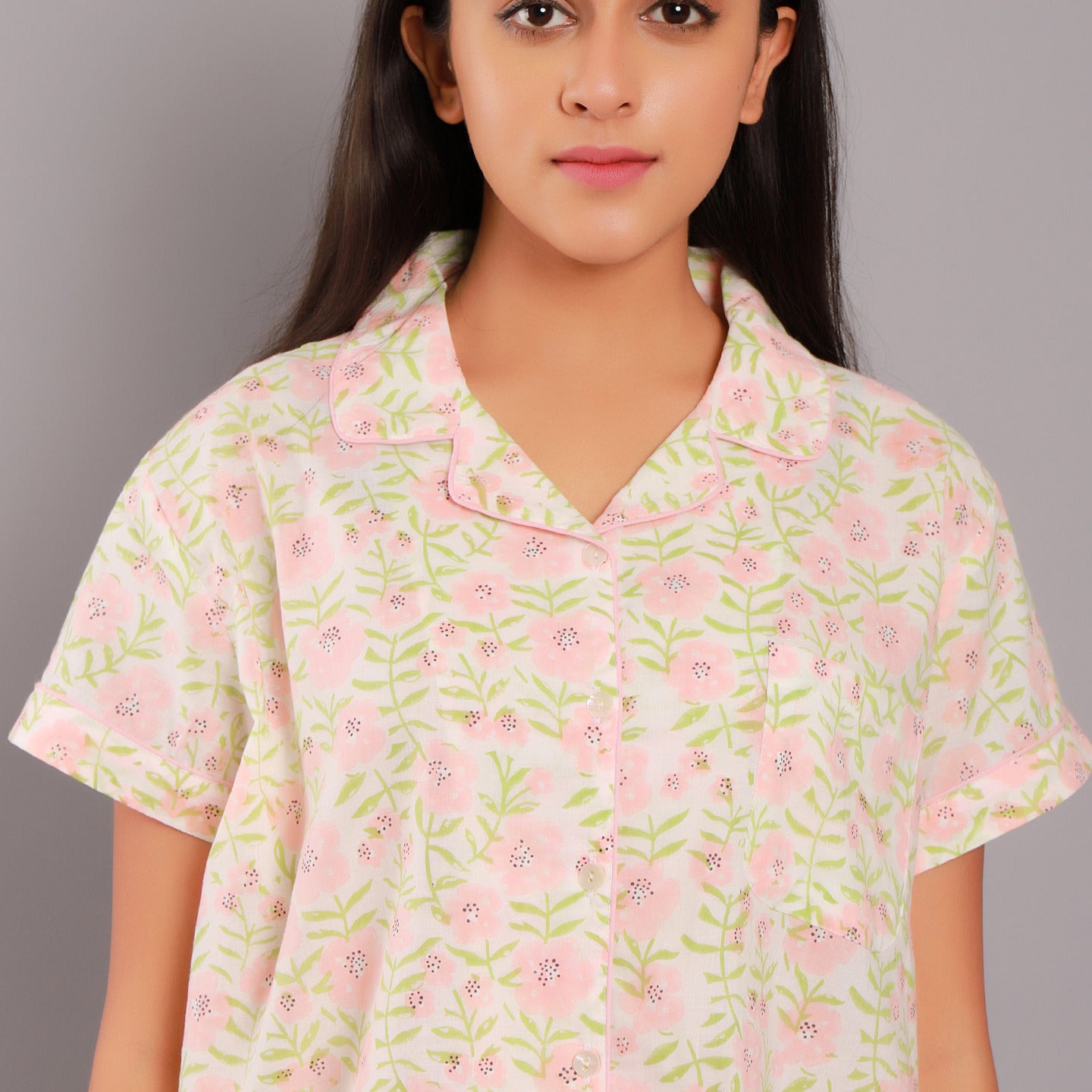 Floral Night Suit Shorts Set Pink