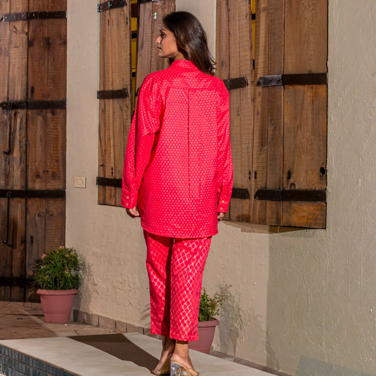 Women Jacquard Chanderi Over sized Shirt Coord Set Red