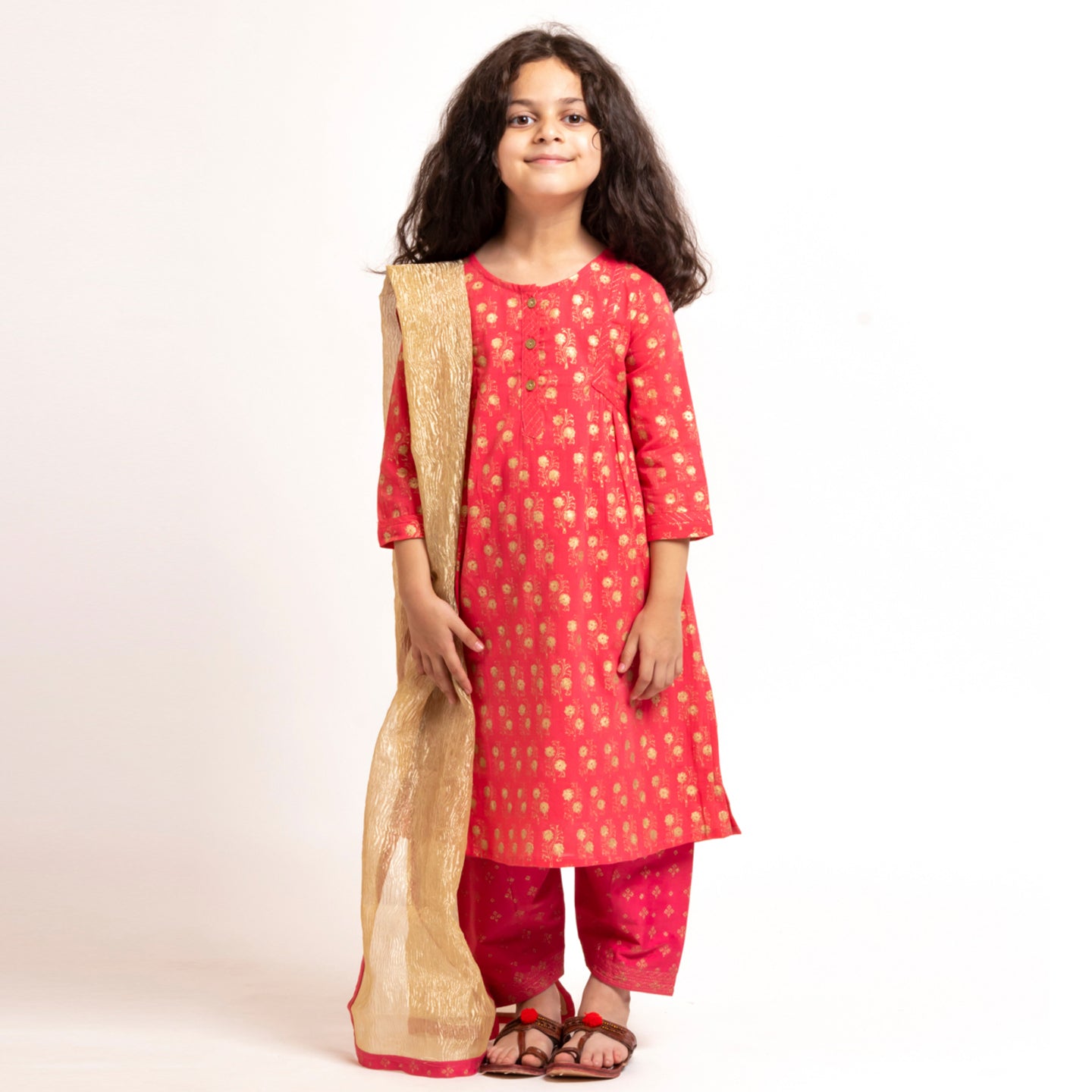 Girl's Block printed Kurta Set Gold Buti Pink