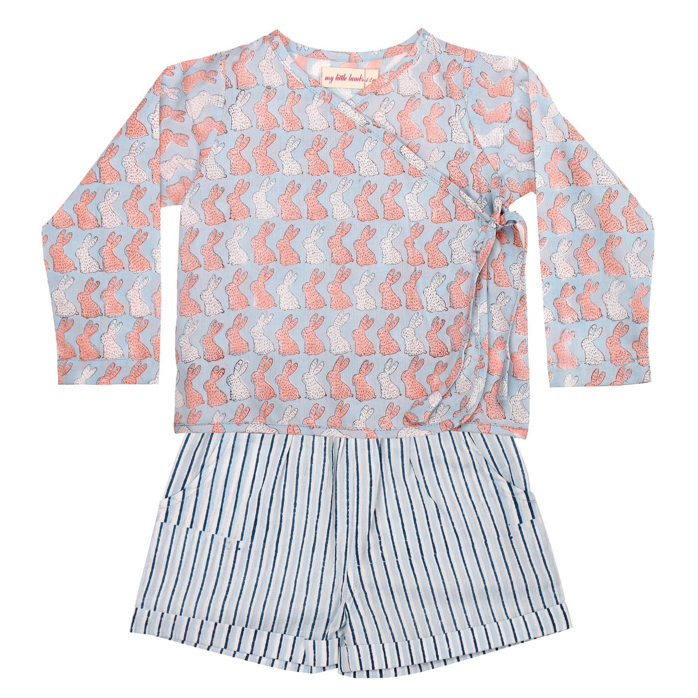 Block Printed Baby Clothing Set Bunny Blue