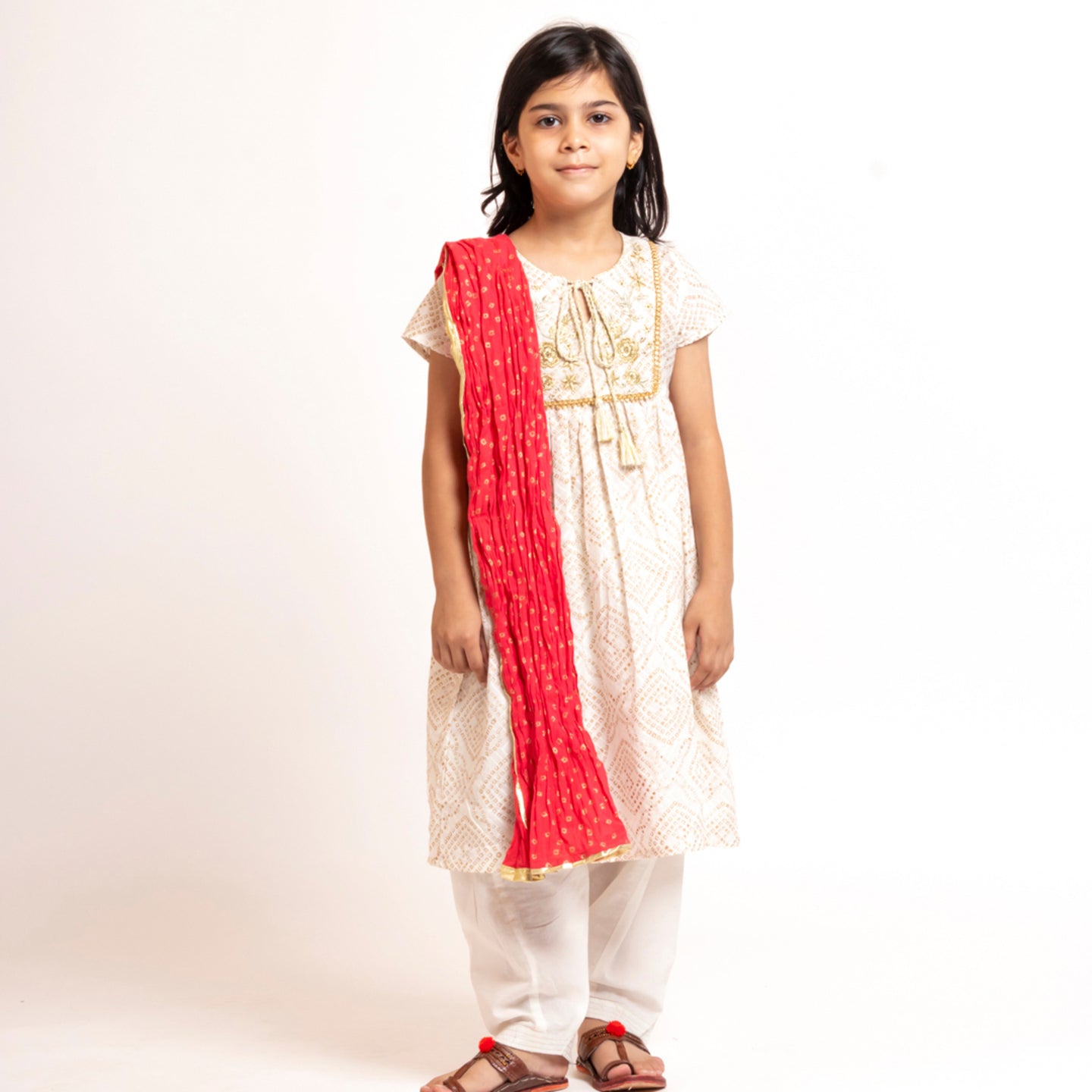 Girl's Block printed Embroidered Kurta Set White