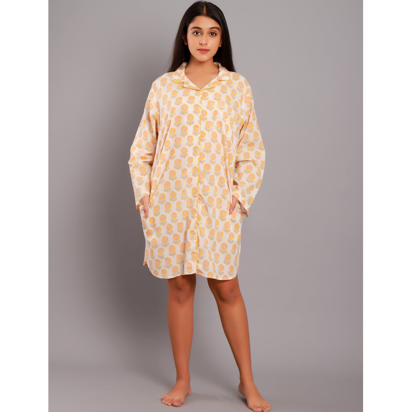 Block Printed Women night shirts Sunflower yellow