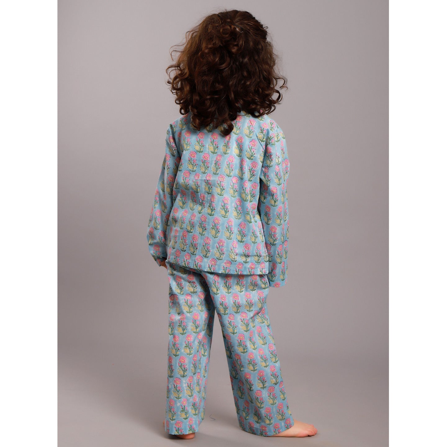 Block Printed Girl's Nightsuit set Ethnic buti Blue- Pink