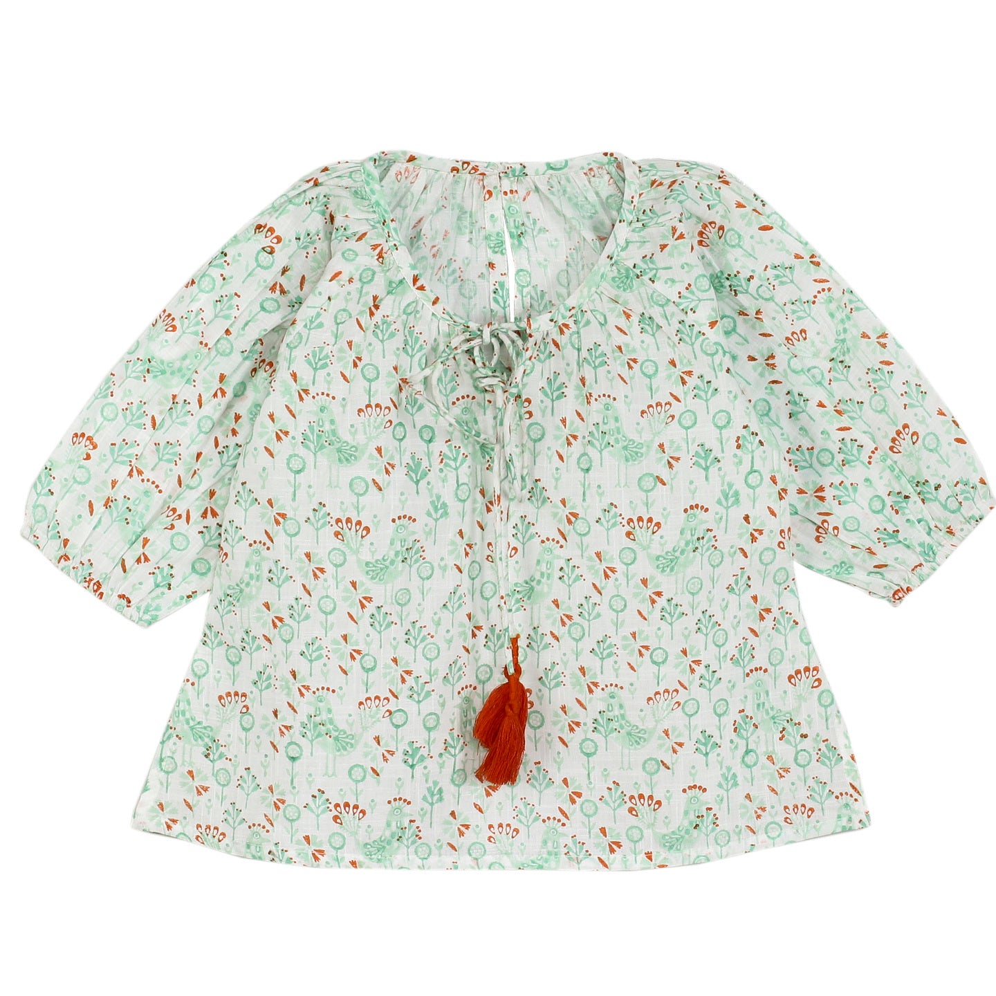 Block Printed Top Megha Peacock Mint Green