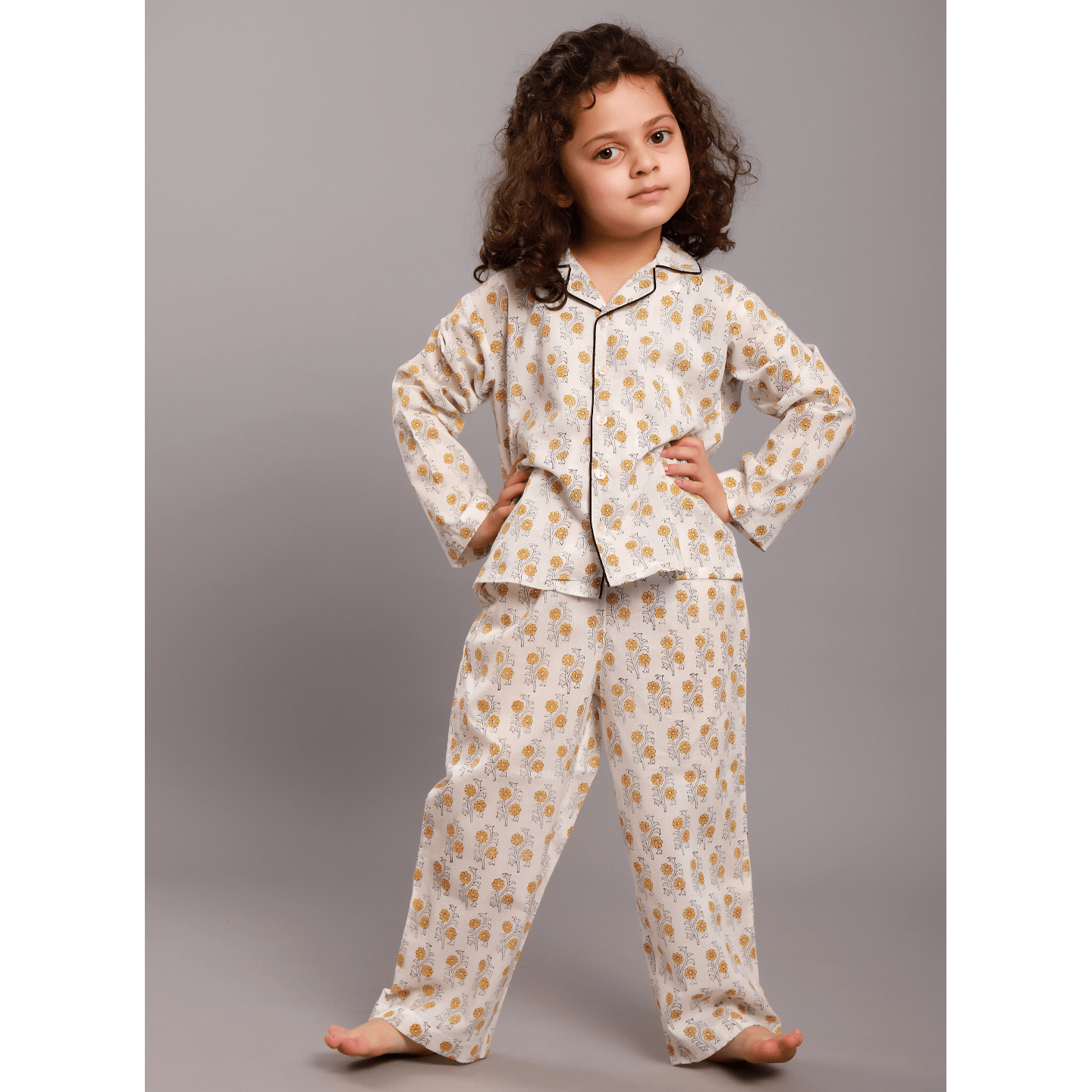 Block Printed Girl's Nightsuit set Beige Buti