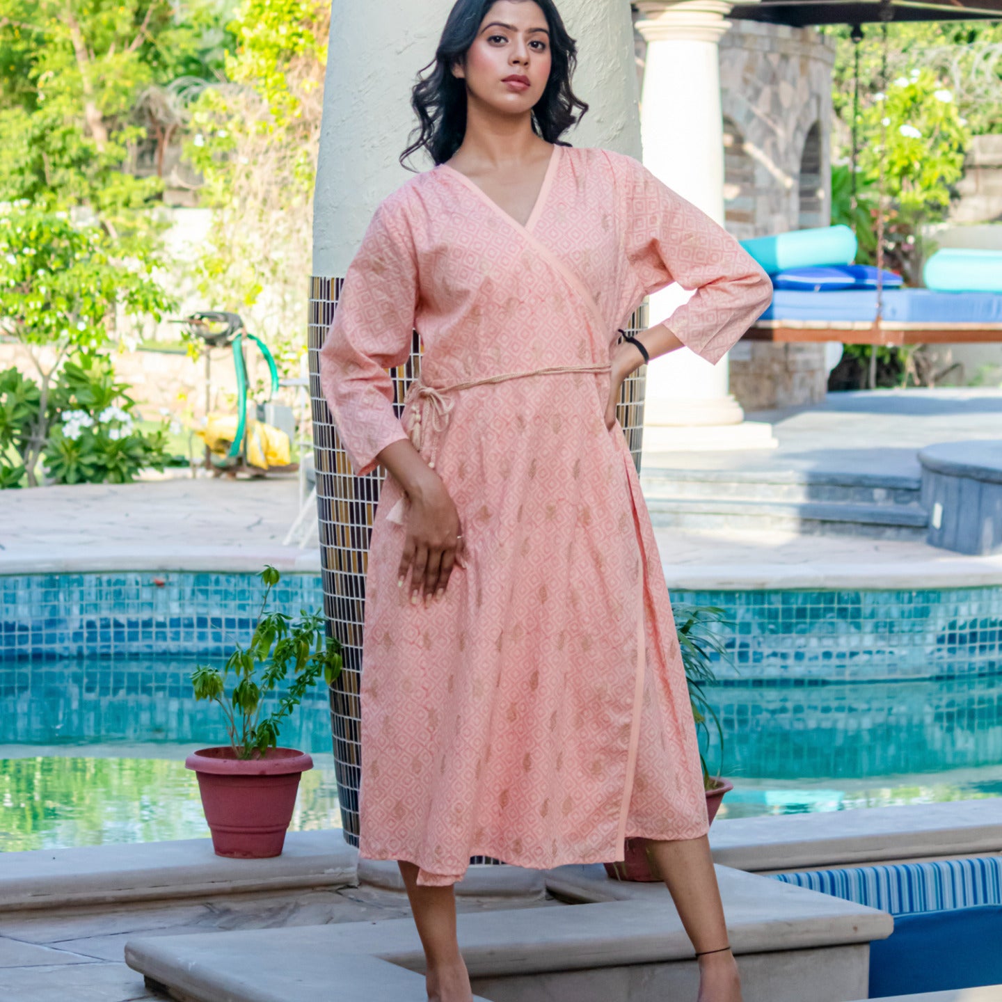 Women wrap around block printed dress