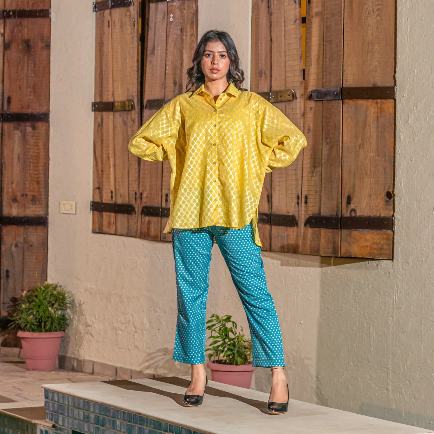 Women Jacquard Chanderi Over sized Shirt Coord Set Yellow- Blue