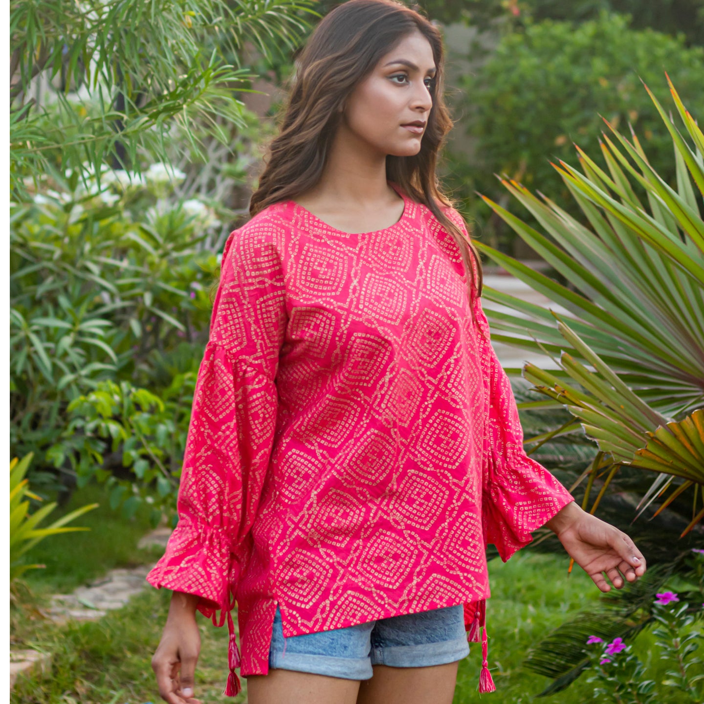 Women Block printed oversized Top Coral
