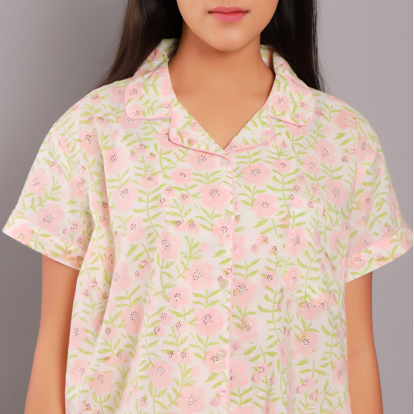 Floral Night Suit Capris Set Pink