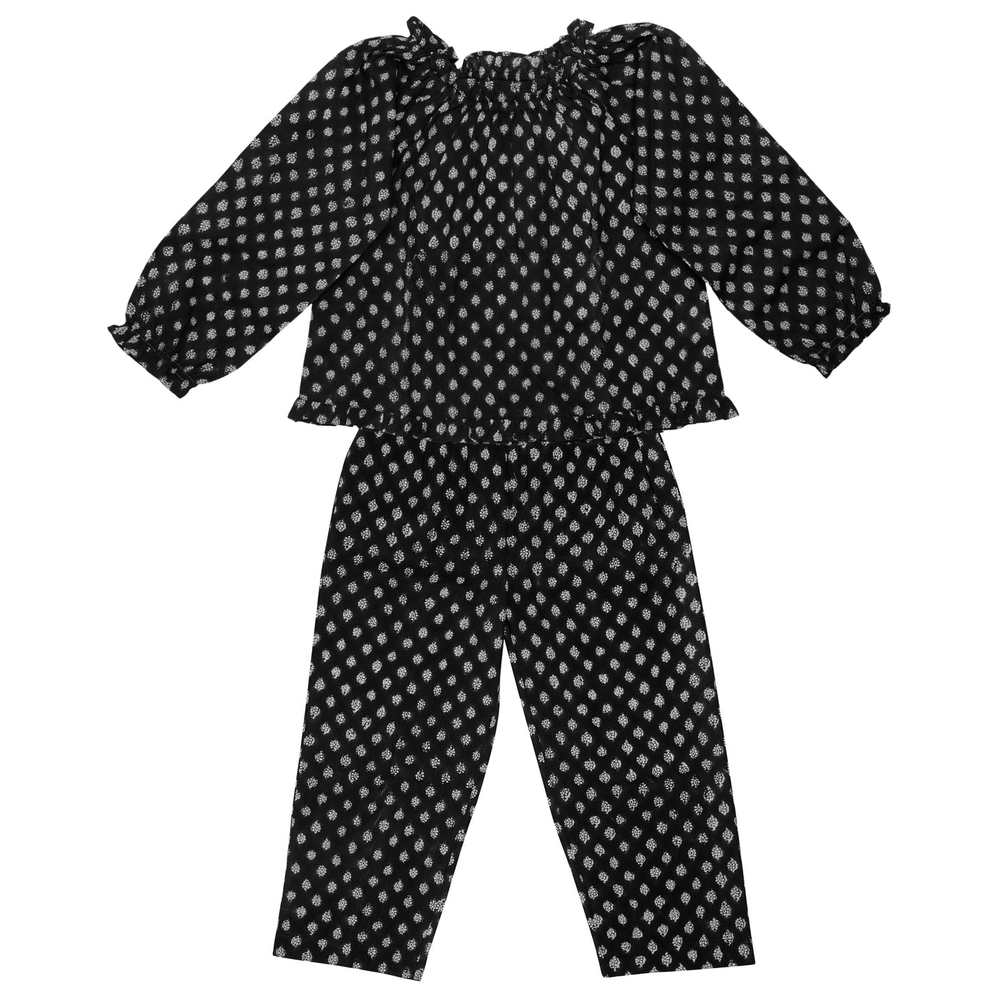 Block printed Girl's Night Suit Nora Black