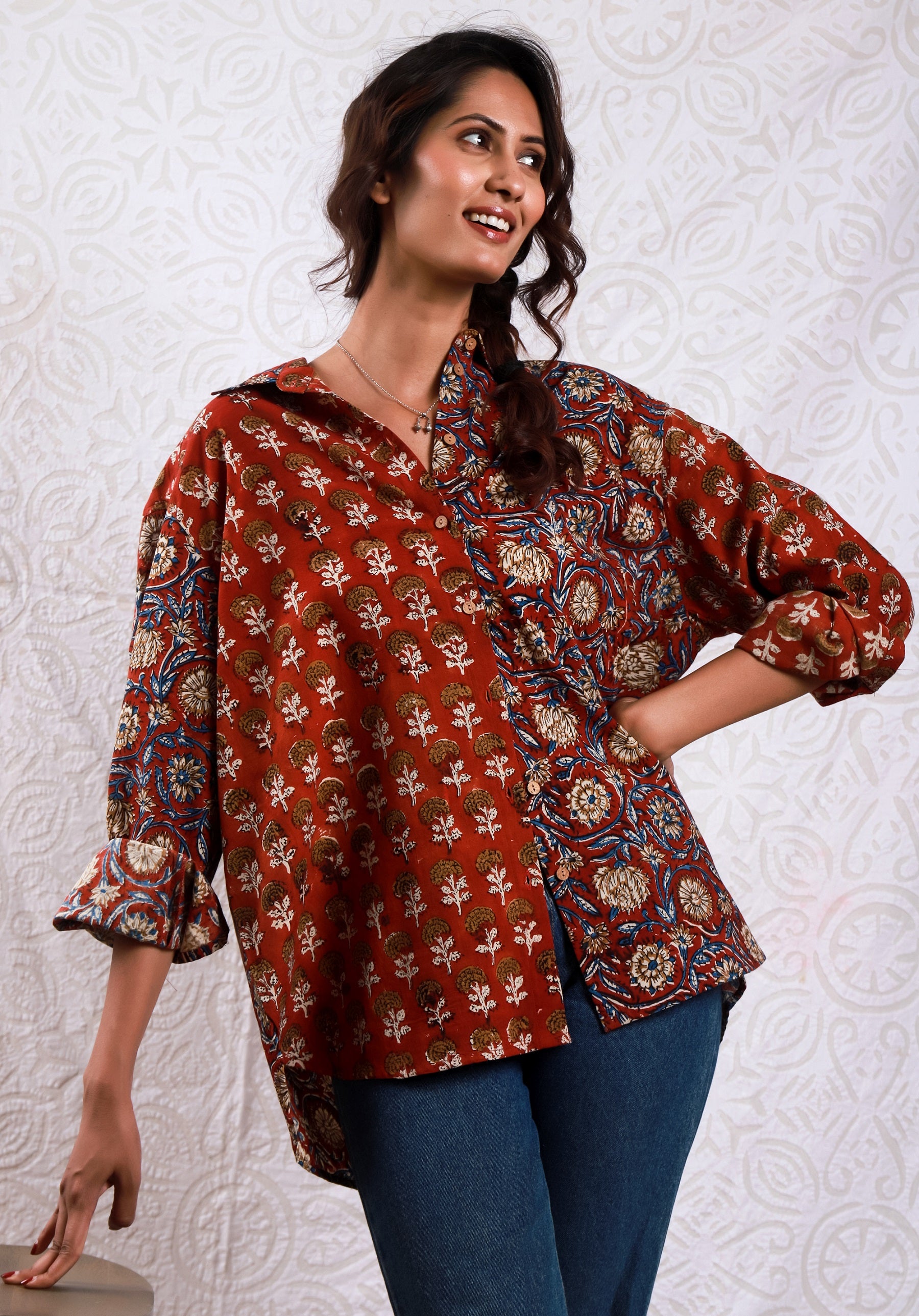 Women Block printed Piyu Oversized shirt marigold