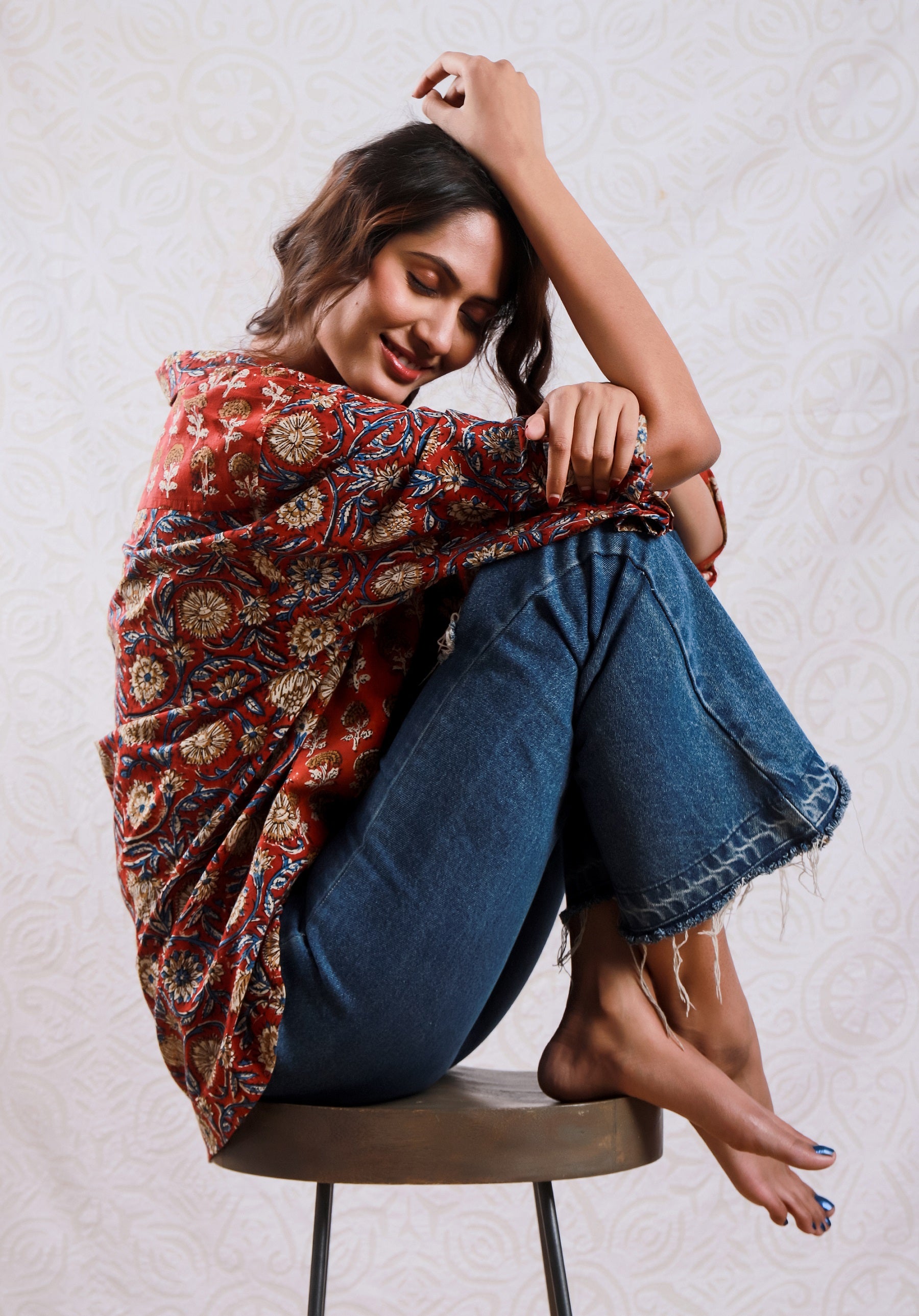 Women Block printed Piyu Oversized shirt marigold