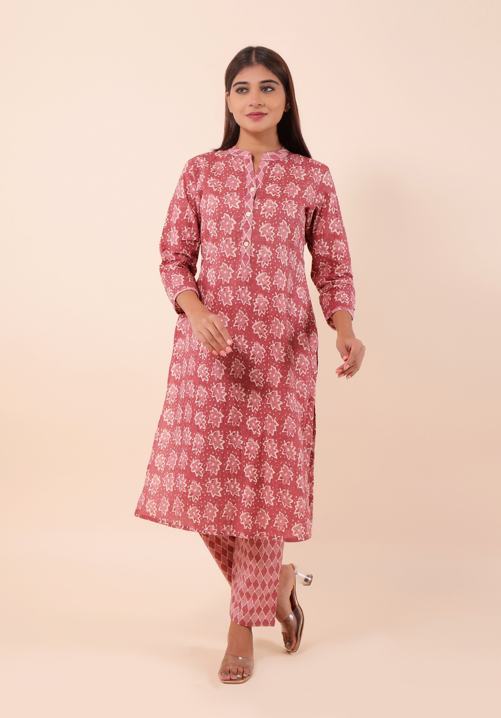 Women Kurta Set Floral Raspberry
