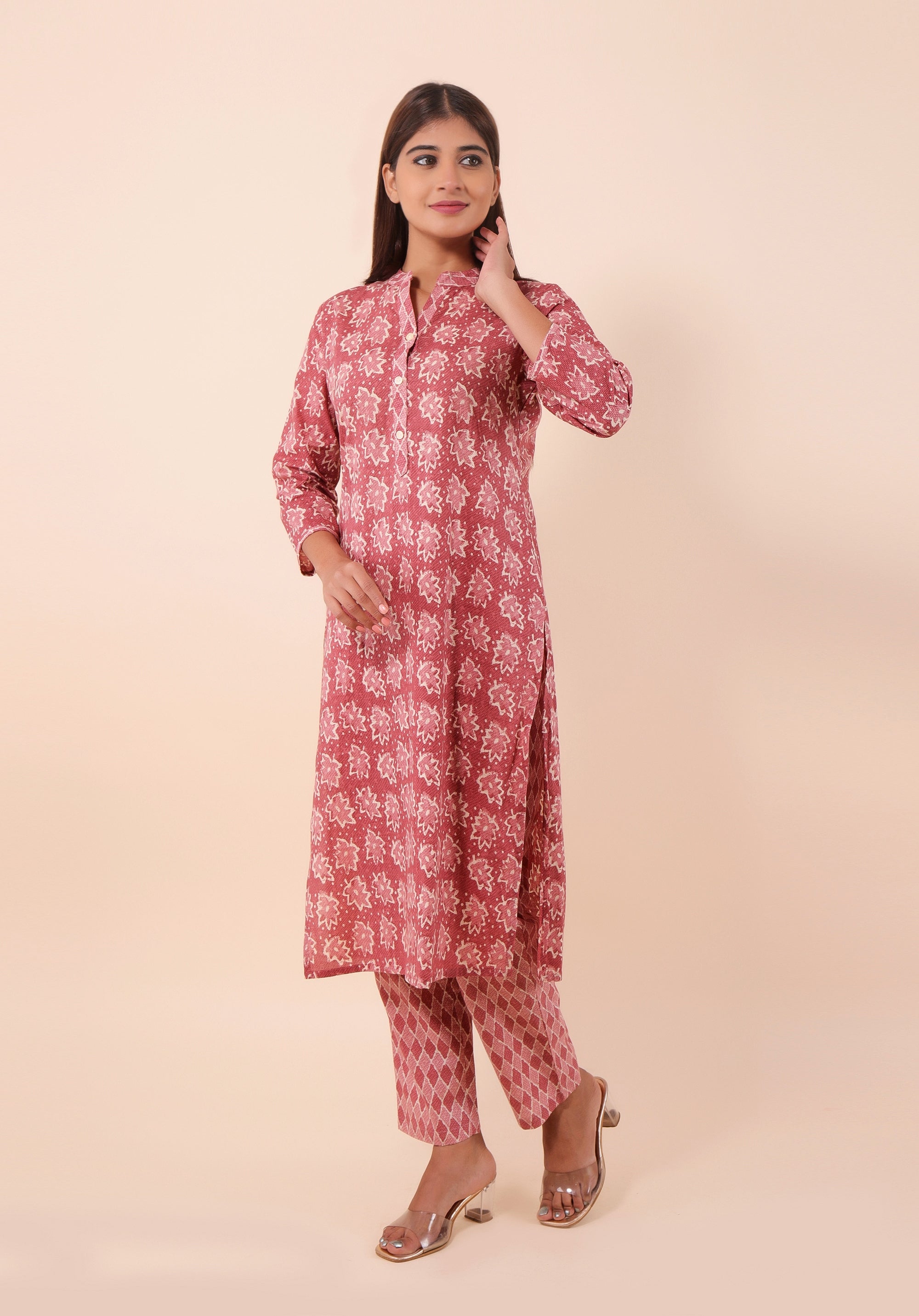 Women Kurta Set Floral Raspberry