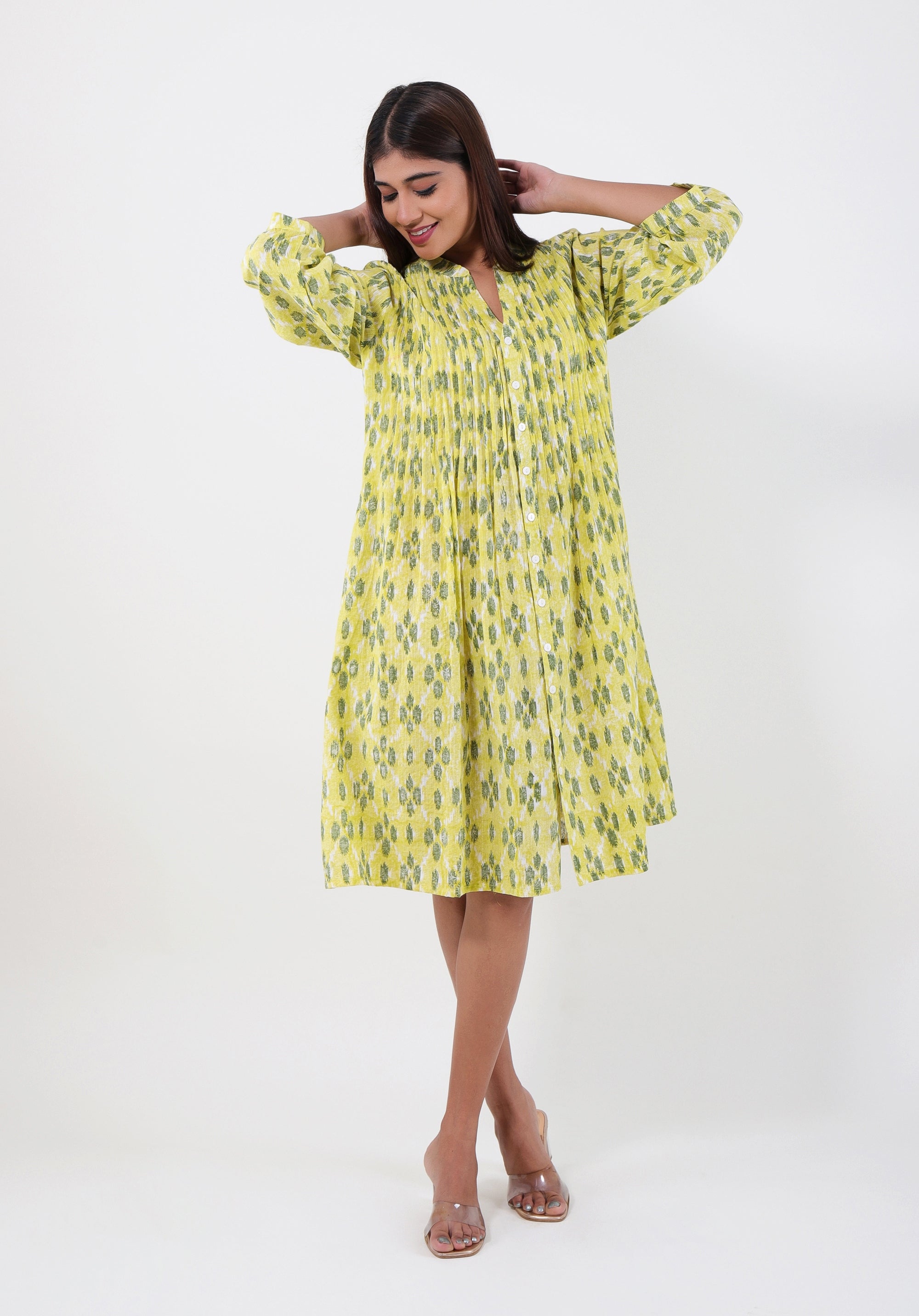 Women Printed dress Kris pin tuck ikkat kantha Yellow