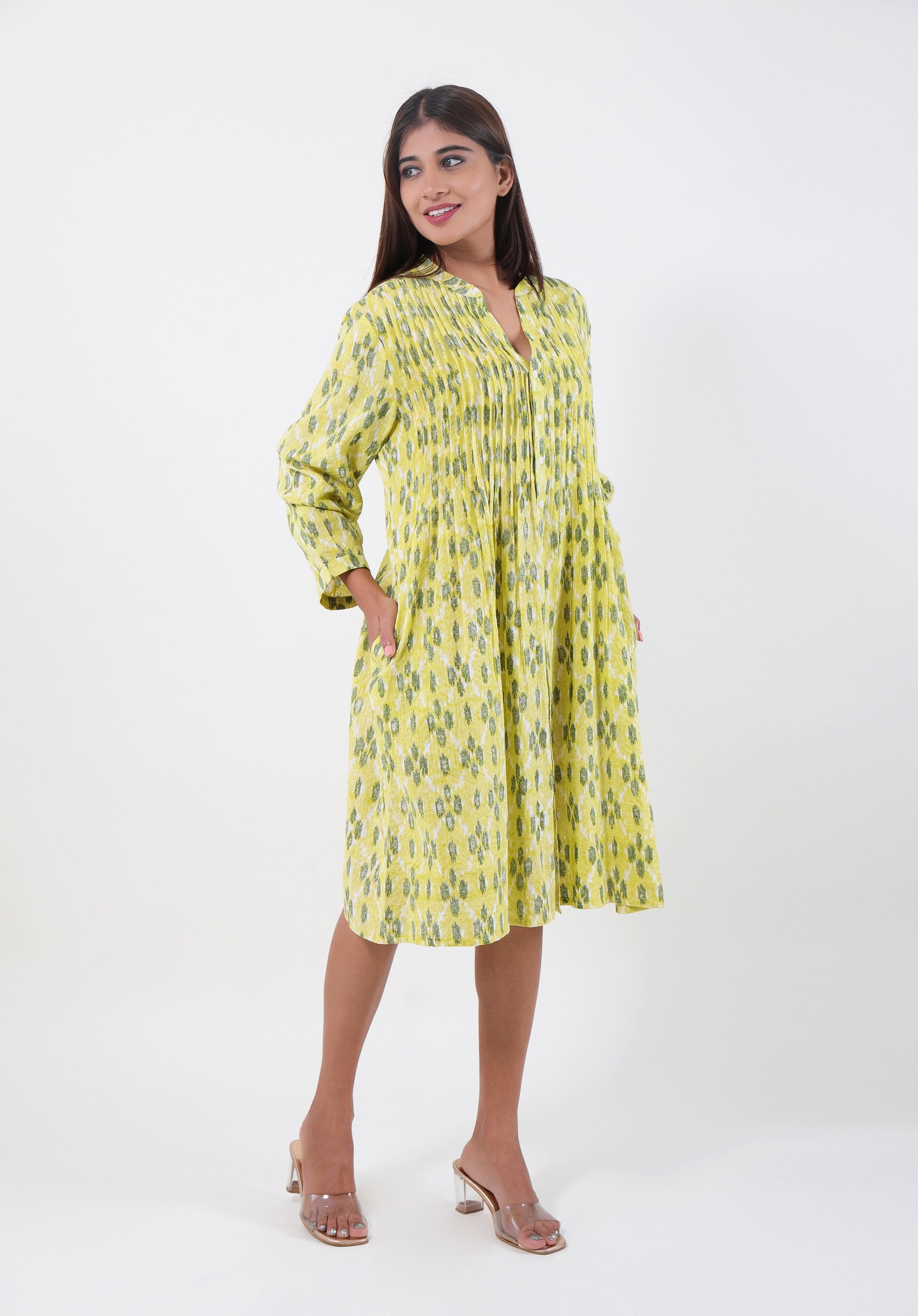 Women Printed dress Kris pin tuck ikkat kantha Yellow