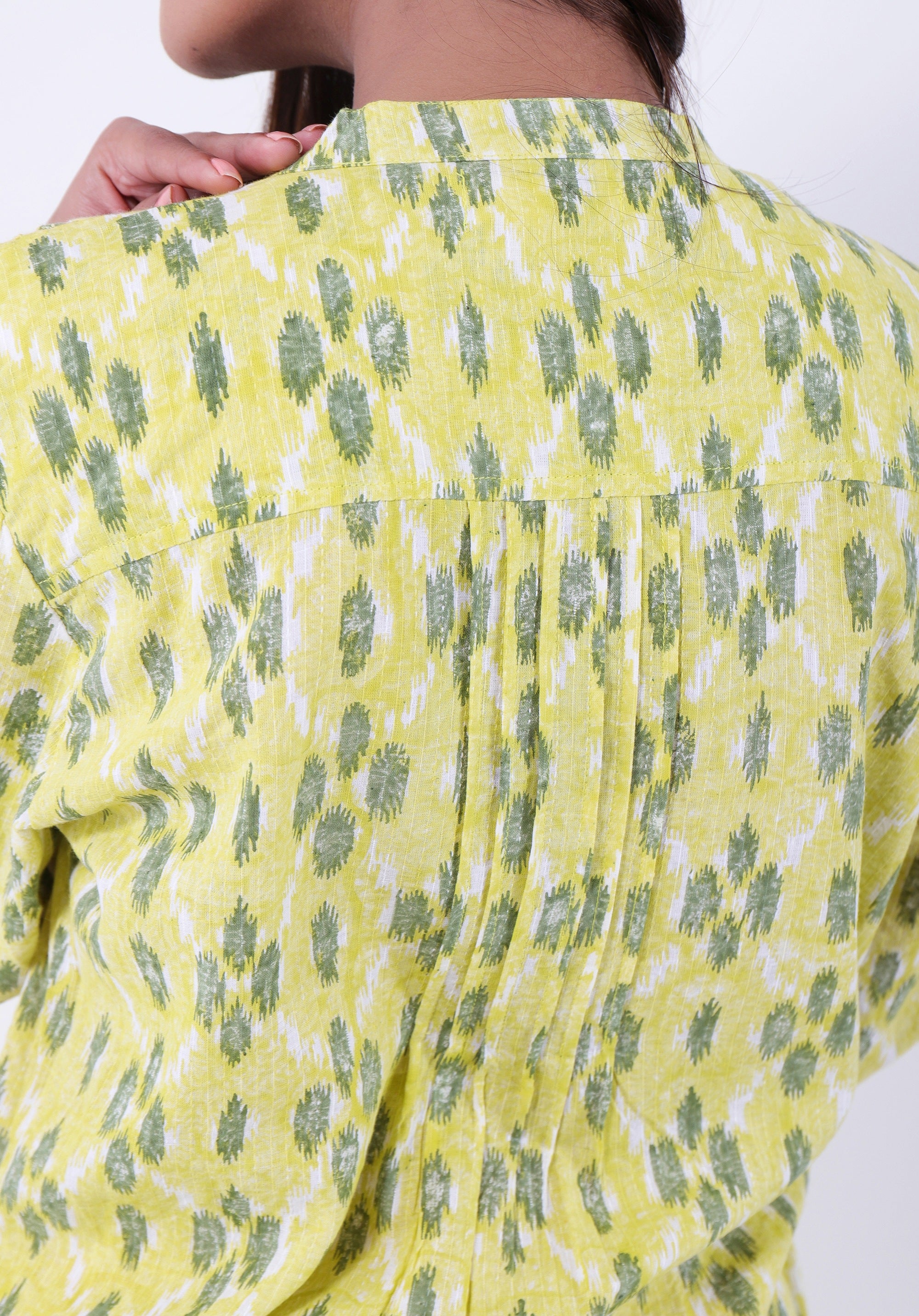 Women Printed dress Kris pin tuck ikkat kantha Yellow