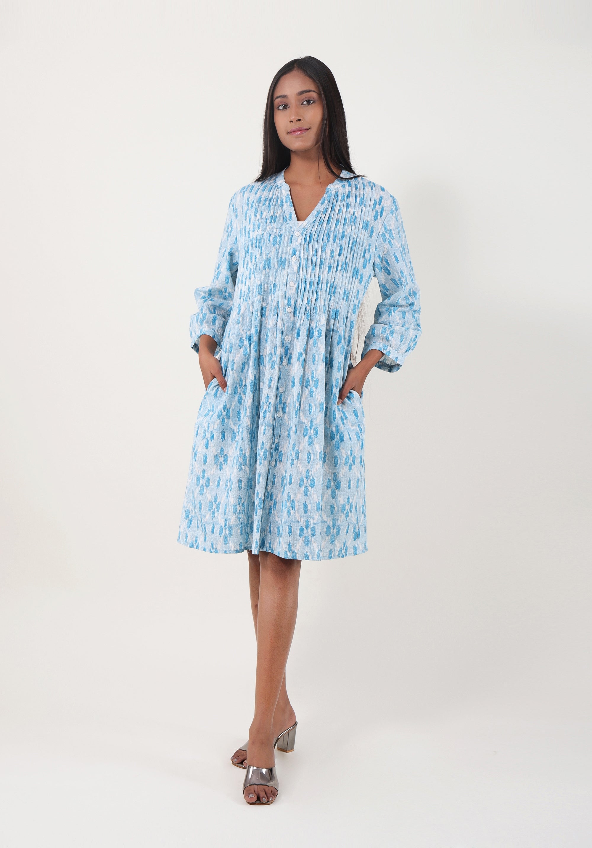 Women Printed dress Kris pin tuck ikkat kantha Blue