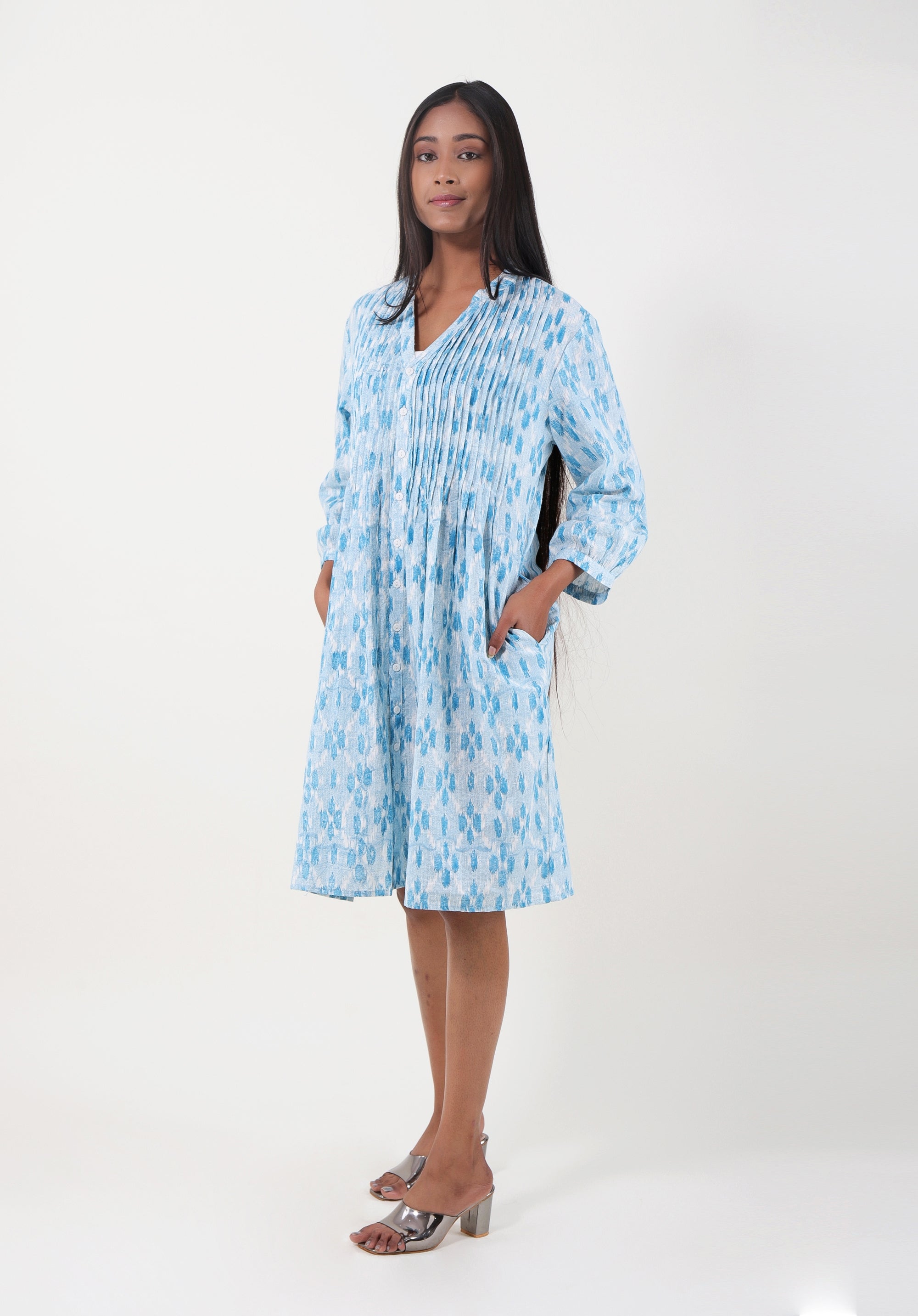 Women Printed dress Kris pin tuck ikkat kantha Blue