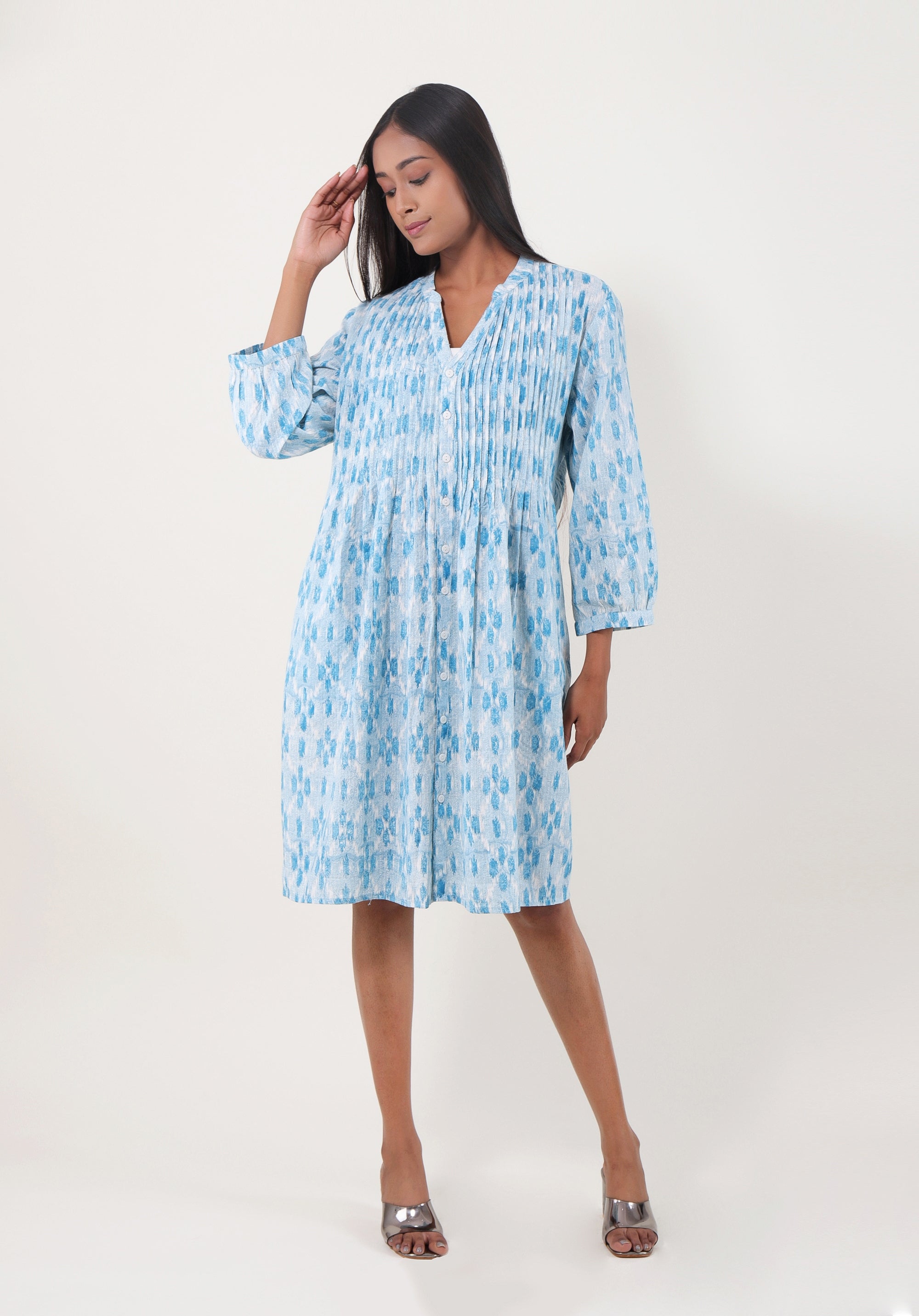 Women Printed dress Kris pin tuck ikkat kantha Blue