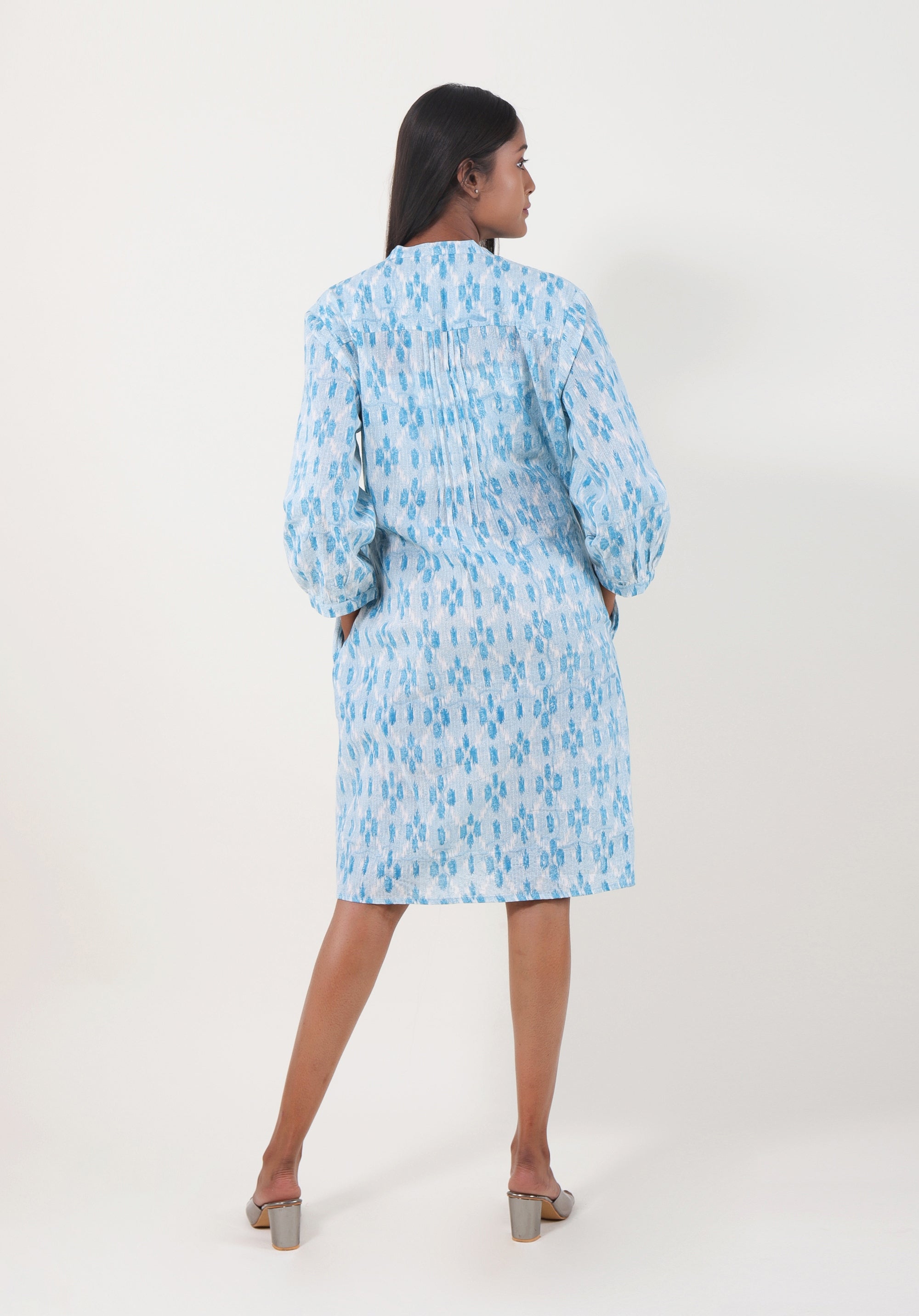 Women Printed dress Kris pin tuck ikkat kantha Blue