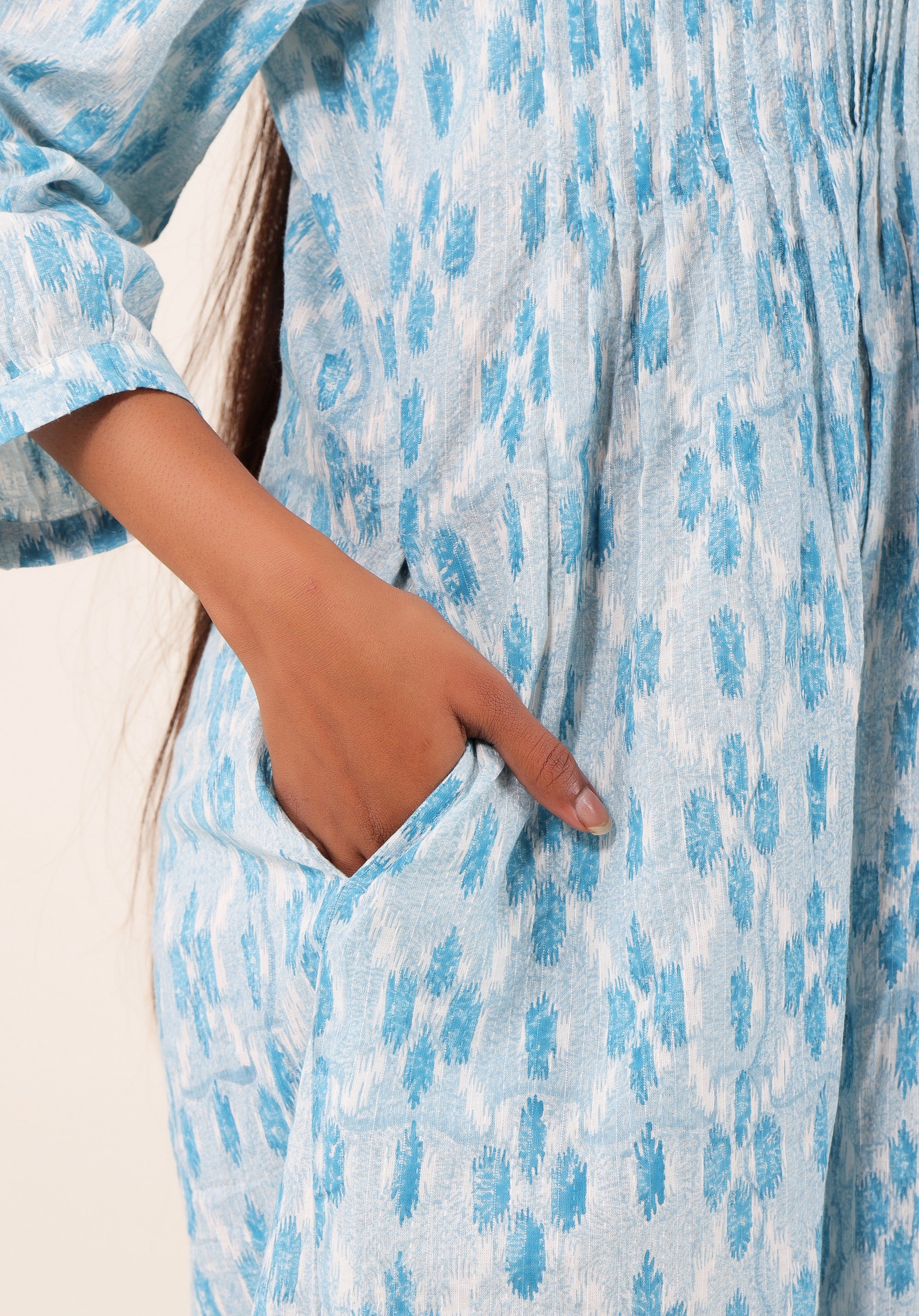 Women Printed dress Kris pin tuck ikkat kantha Blue