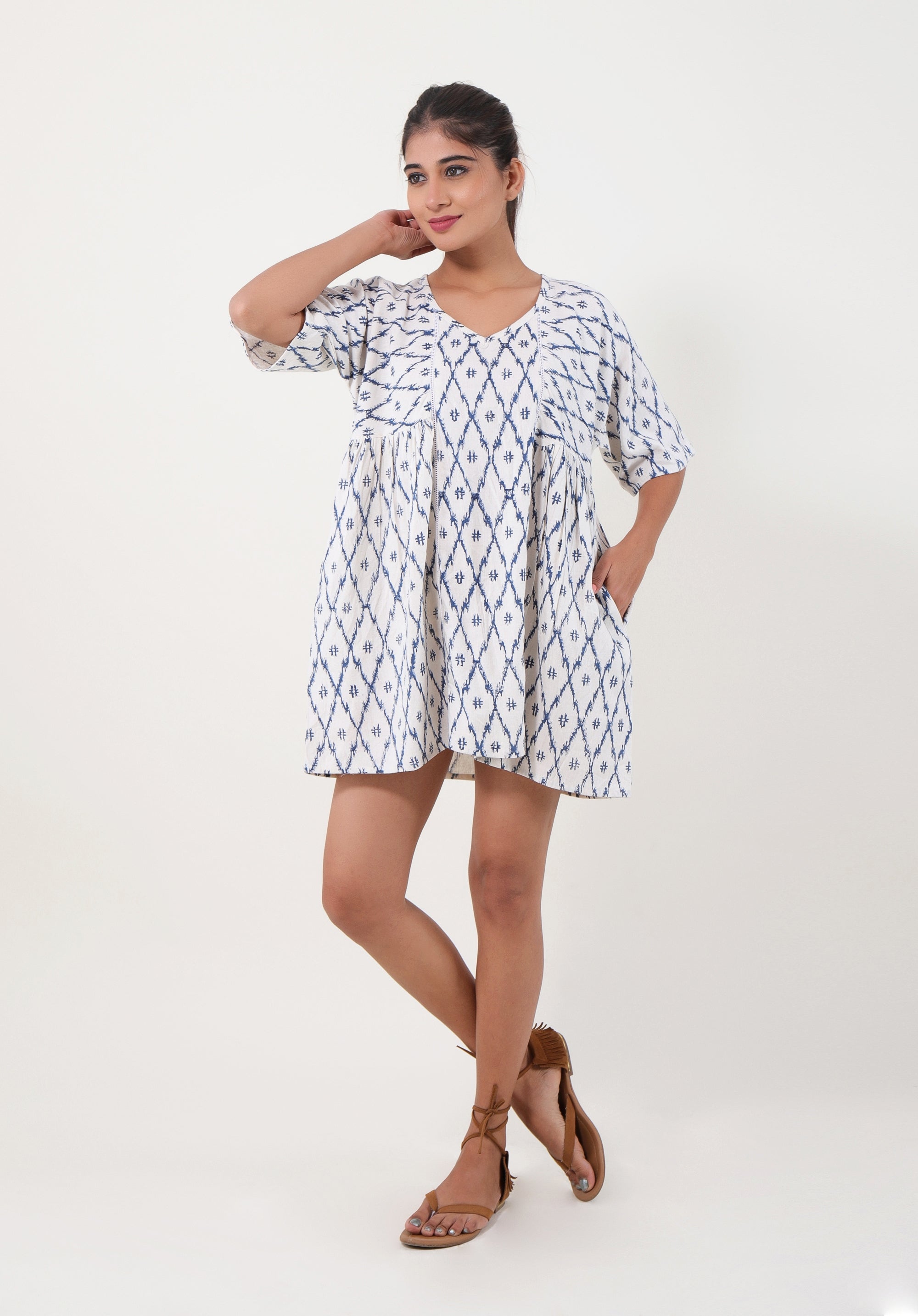 Women Short Linen dress Devi Ikkat Blue