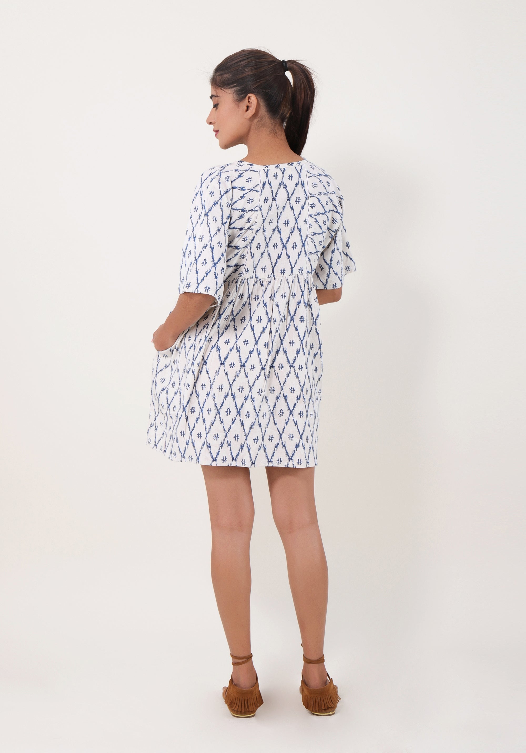 Women Short Linen dress Devi Ikkat Blue